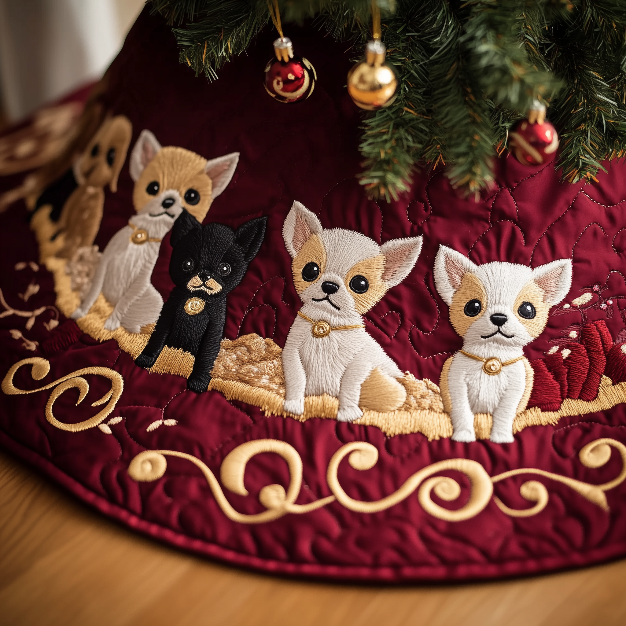Joyful Christmas Chihuahua Quilted Tree Skirt Surround Tree Base Cover Decorations Gifts For Chihuahua Lovers-1 Joyful Christmas Chihuahua Quilted Tree Skirt Surround Tree Base Cover Decorations Gifts For Chihuahua Lovers-1