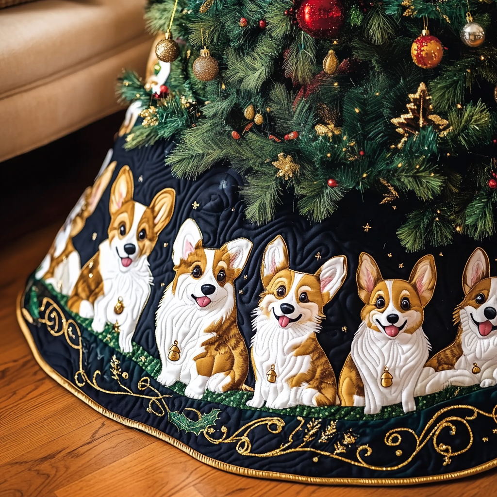 Joyful Christmas Corgi Quilted Tree Skirt Cute Xmas Surround Tree Base Cover Decorations Gifts For Corgi Lovers-1 Joyful Christmas Corgi Quilted Tree Skirt Cute Xmas Surround Tree Base Cover Decorations Gifts For Corgi Lovers-1