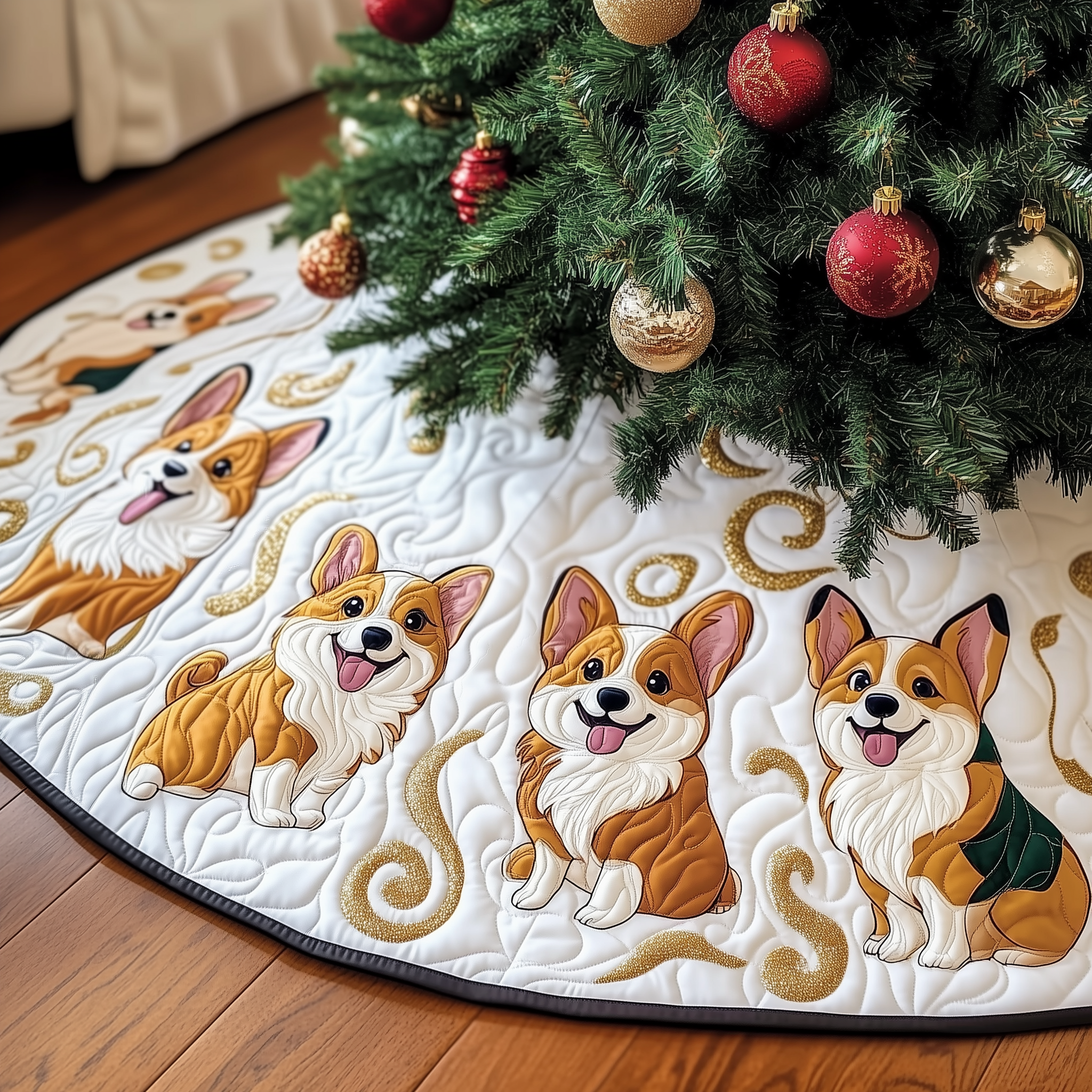 Joyful Christmas Corgi Quilted Tree Skirt Cute Xmas Tree Base Cover Merchandise Corgi Christmas Decorations-1 Joyful Christmas Corgi Quilted Tree Skirt Cute Xmas Tree Base Cover Merchandise Corgi Christmas Decorations-1