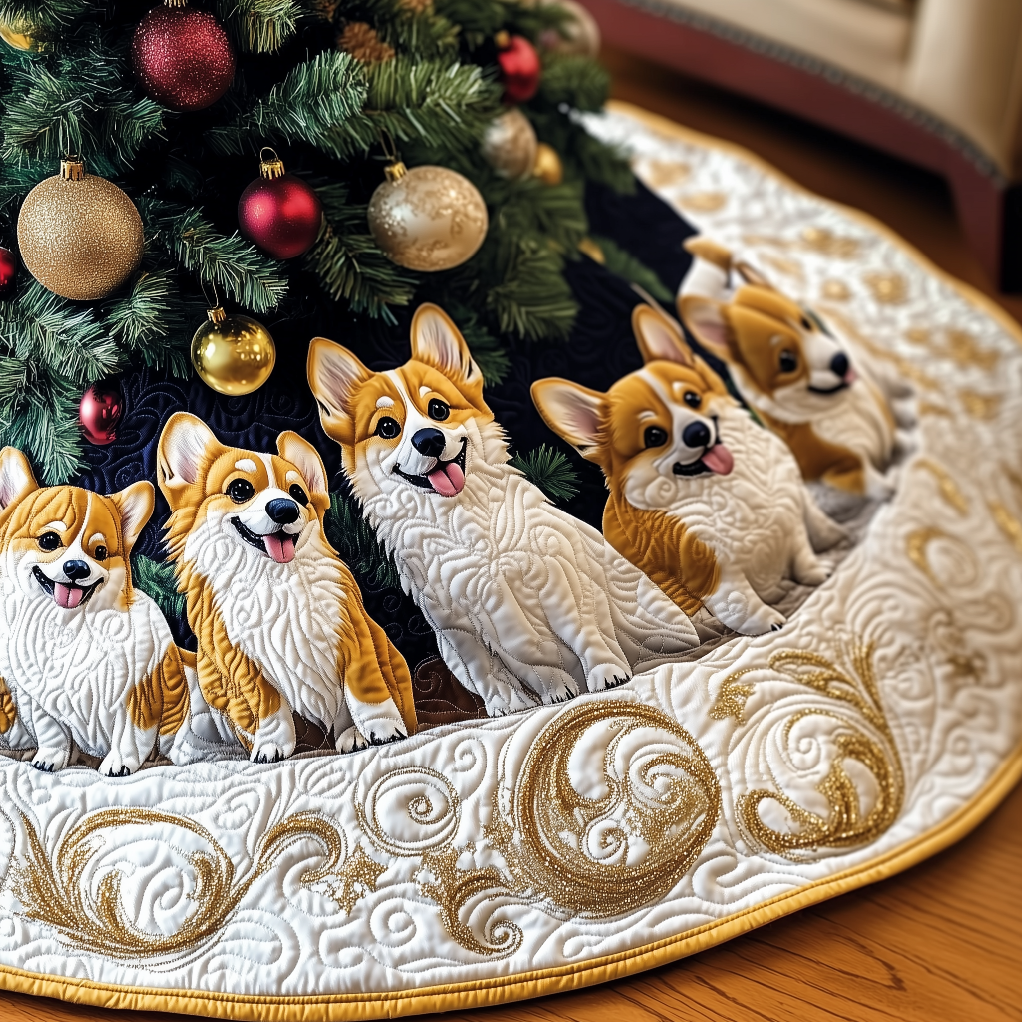 Joyful Christmas Corgi Quilted Tree Skirt Cute Xmas Tree Decorations Gifts For Corgi Owners-1 Joyful Christmas Corgi Quilted Tree Skirt Cute Xmas Tree Decorations Gifts For Corgi Owners-1