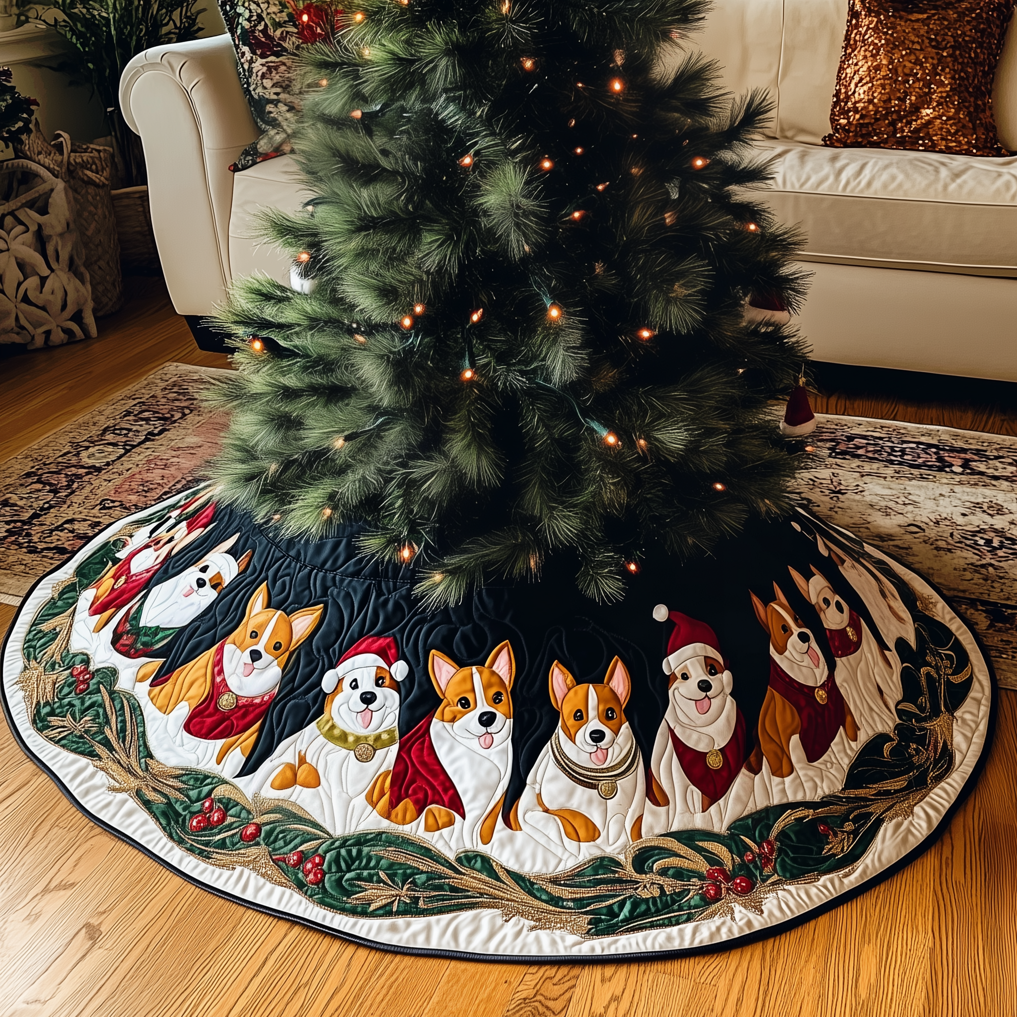 Joyful Christmas Corgi Quilted Tree Skirt Holiday Xmas Tree Decoration Corgi Christmas Gifts Items Stuff-1 Joyful Christmas Corgi Quilted Tree Skirt Holiday Xmas Tree Decoration Corgi Christmas Gifts Items Stuff-1