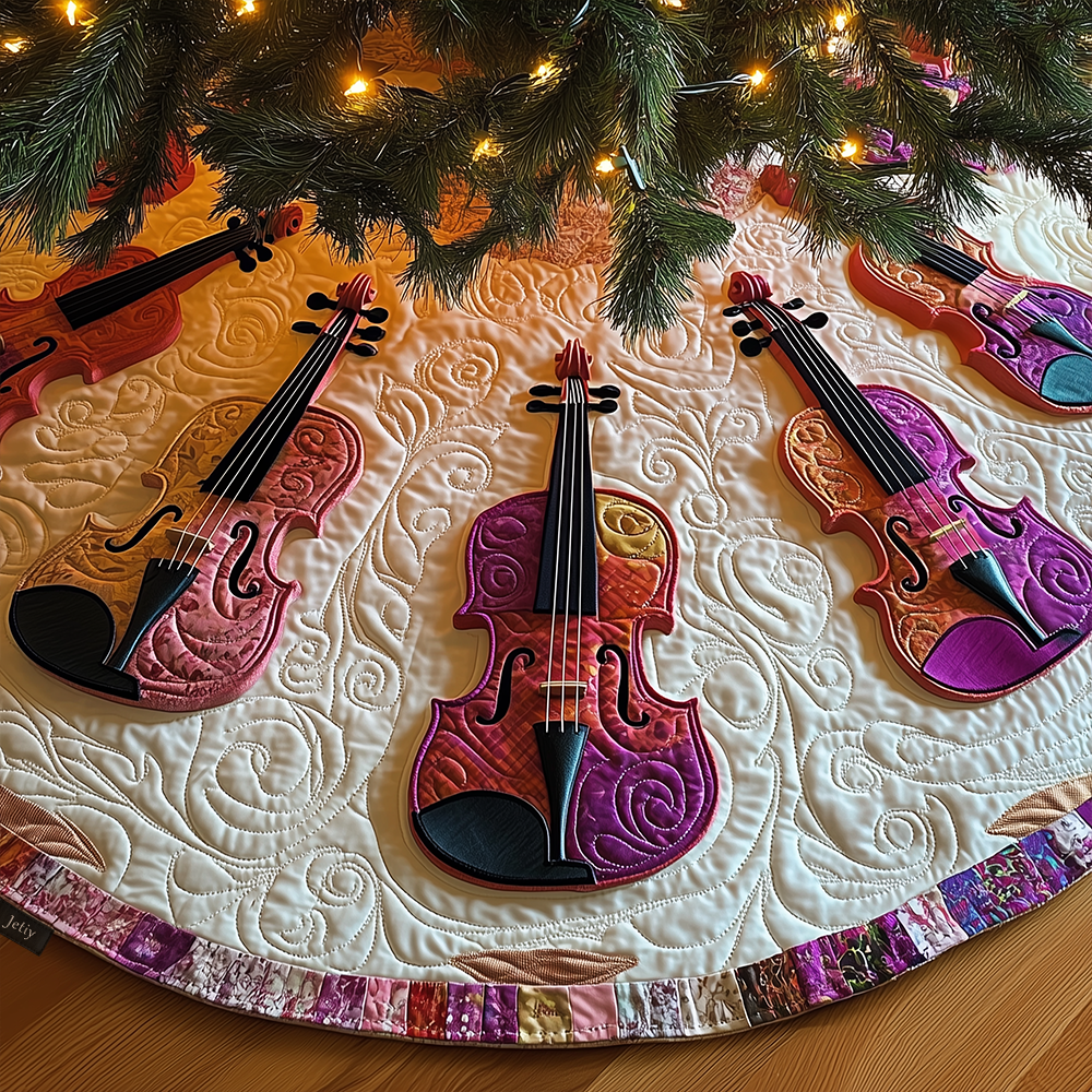 Joyful Pink Violins Quilted Tree Skirt Best Christmas Tree Skirts Christmas Gift For Violin Teacher-1