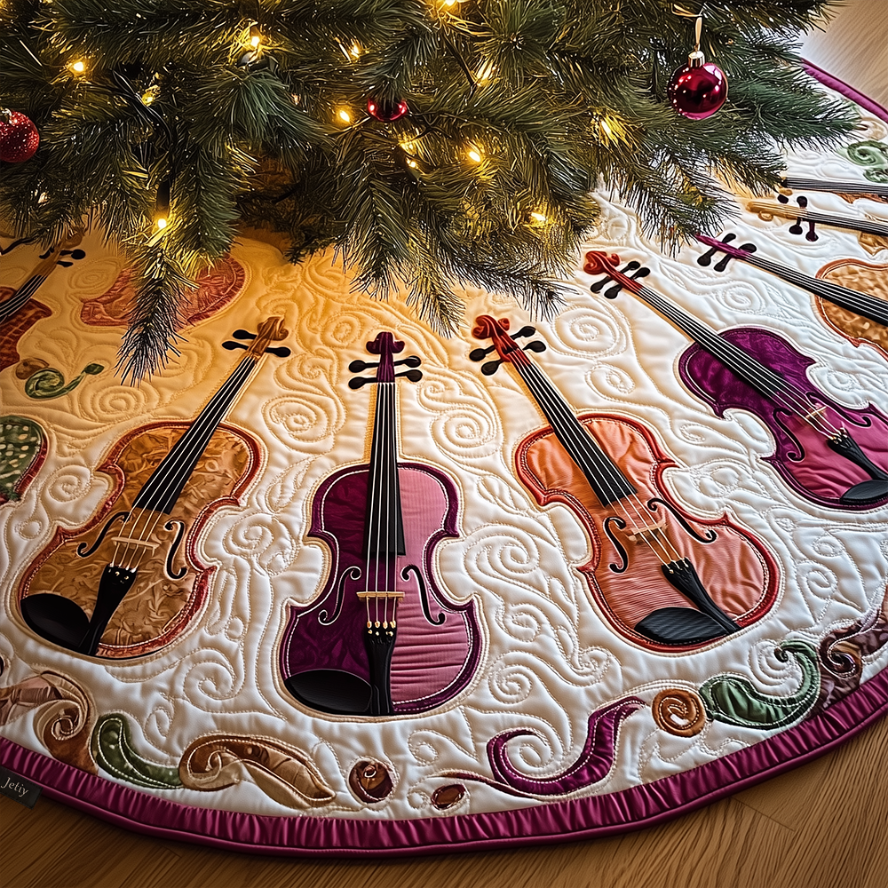 Joyful Pink Violins Quilted Tree Skirt Holiday Christmas Tree Base Cover Christmas Gifts For Violinists-1 Joyful Pink Violins Quilted Tree Skirt Holiday Christmas Tree Base Cover Christmas Gifts For Violinists-1