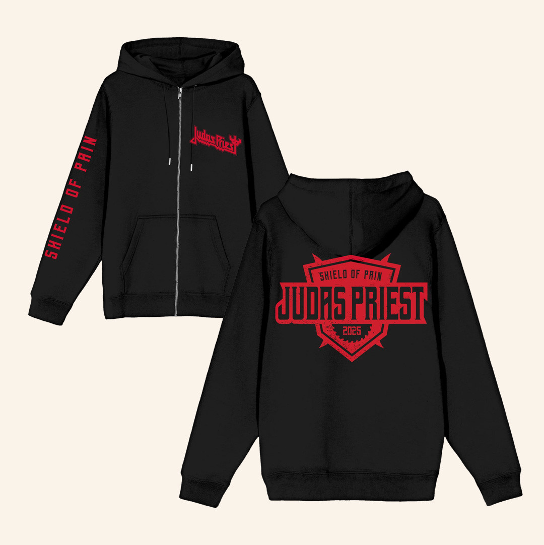 Judas Priest Merch Shield Of Pain Badge Zip Hoodie Gift Ideas For Music Lovers-1 Judas Priest Merch Shield Of Pain Badge Zip Hoodie Gift Ideas For Music Lovers-1