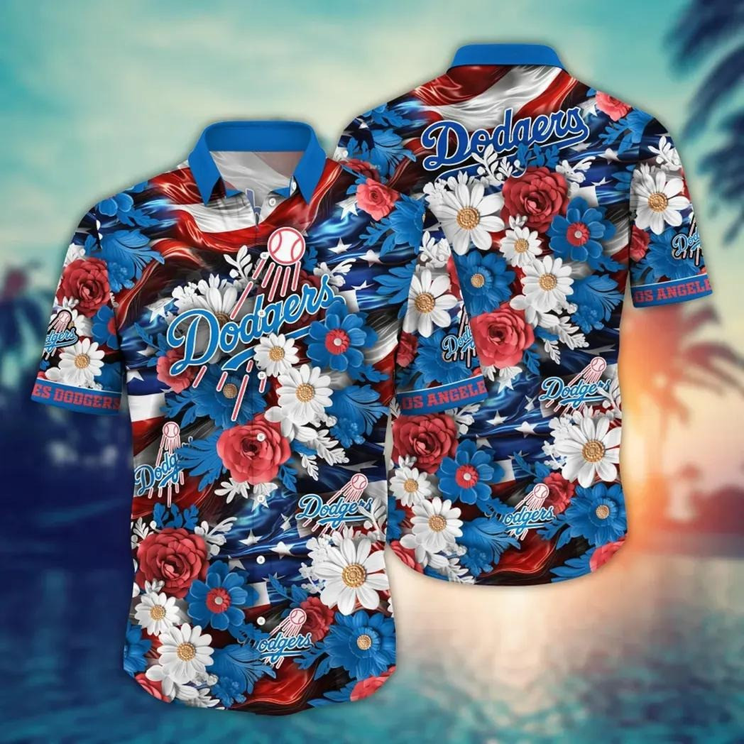 LA Los Angeles Dodgers Hawaiian Shirt Floral American Flag Aloha Shirt Fan Gifts For Dad-1 LA Los Angeles Dodgers Hawaiian Shirt Floral American Flag Aloha Shirt Fan Gifts For Dad-1