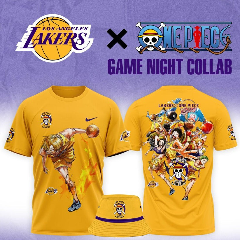 Lakers One Piece Shirt And Bucket Hat Merch Pirates Sanji Luffy One Piece LA Lakers Collab-1