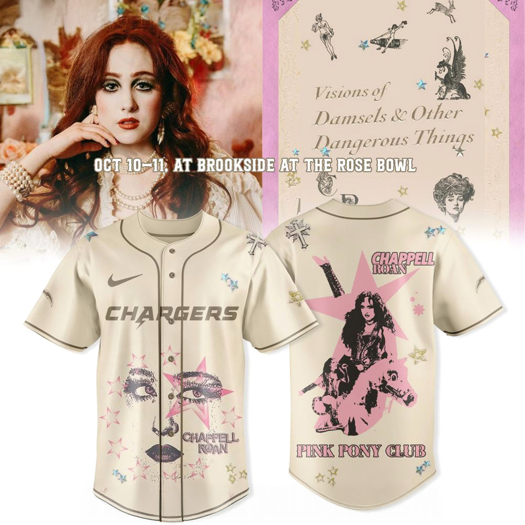Los Angeles Chargers Chappell Roan Visions Of Damsels Dangerous Things Tour Jersey Fan Merch-1 Los Angeles Chargers Chappell Roan Visions Of Damsels Dangerous Things Tour Jersey Fan Merch-1