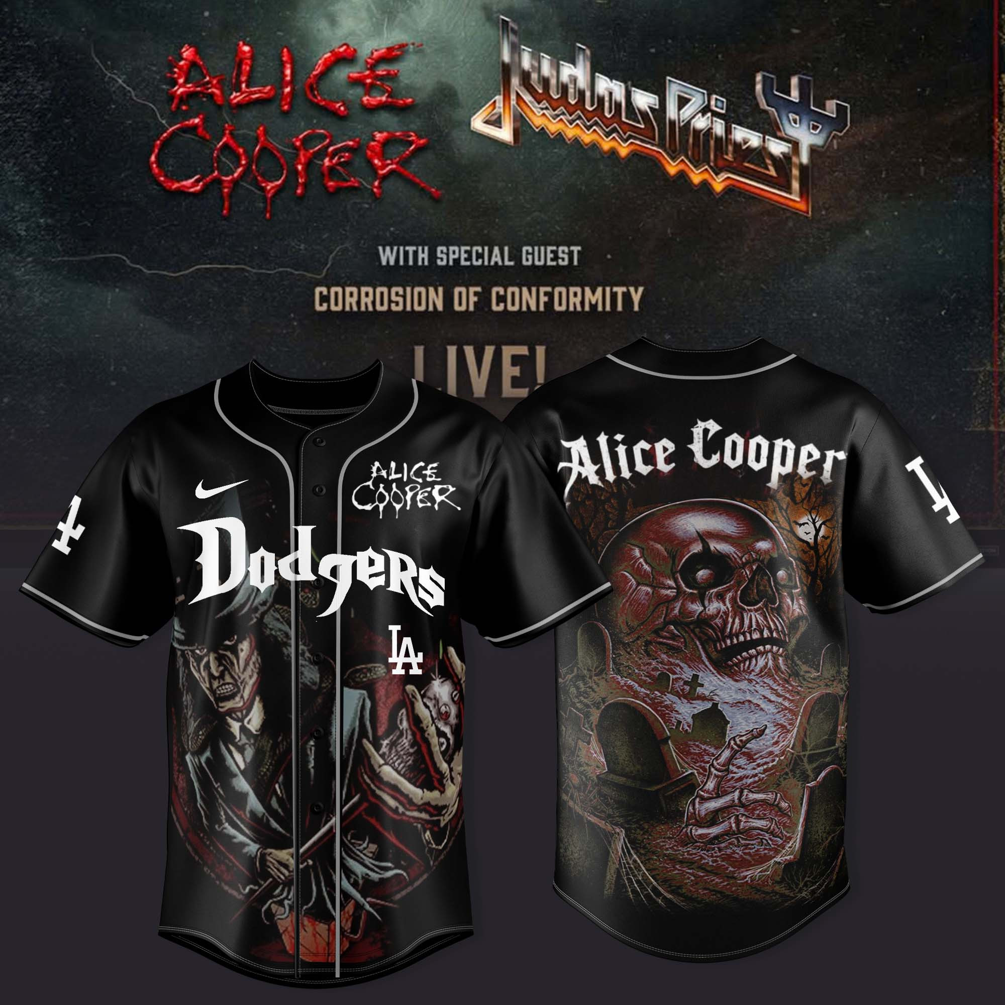 Los Angeles Dodgers X Alice Cooper Jersey Judas Priest North American Tour 2025 Fans Merch-1