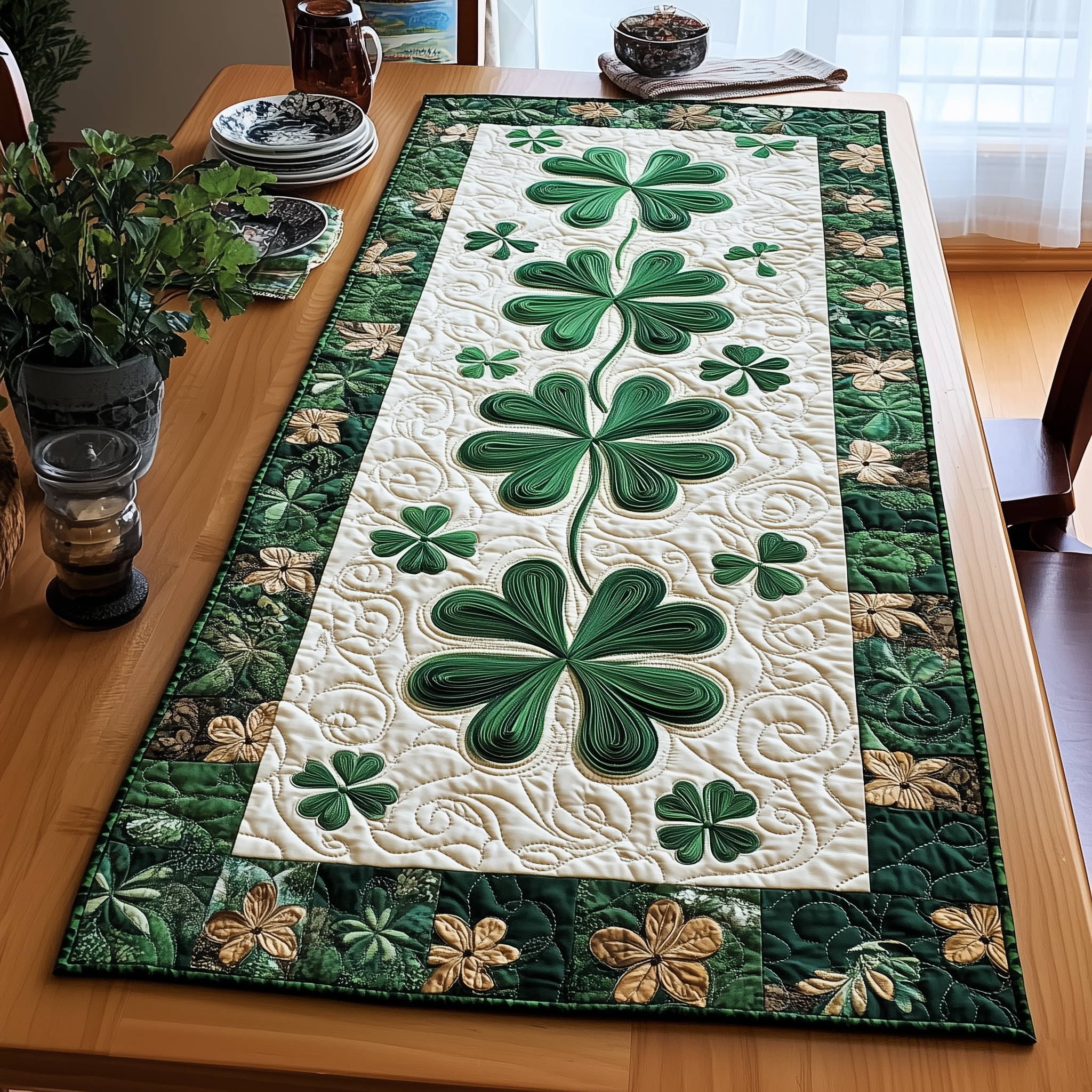 Lucky Shamrock Quilted Table Runner Holiday Dining Christmas Table Runner Home Decorations-1 Lucky Shamrock Quilted Table Runner Holiday Dining Christmas Table Runner Home Decorations-1