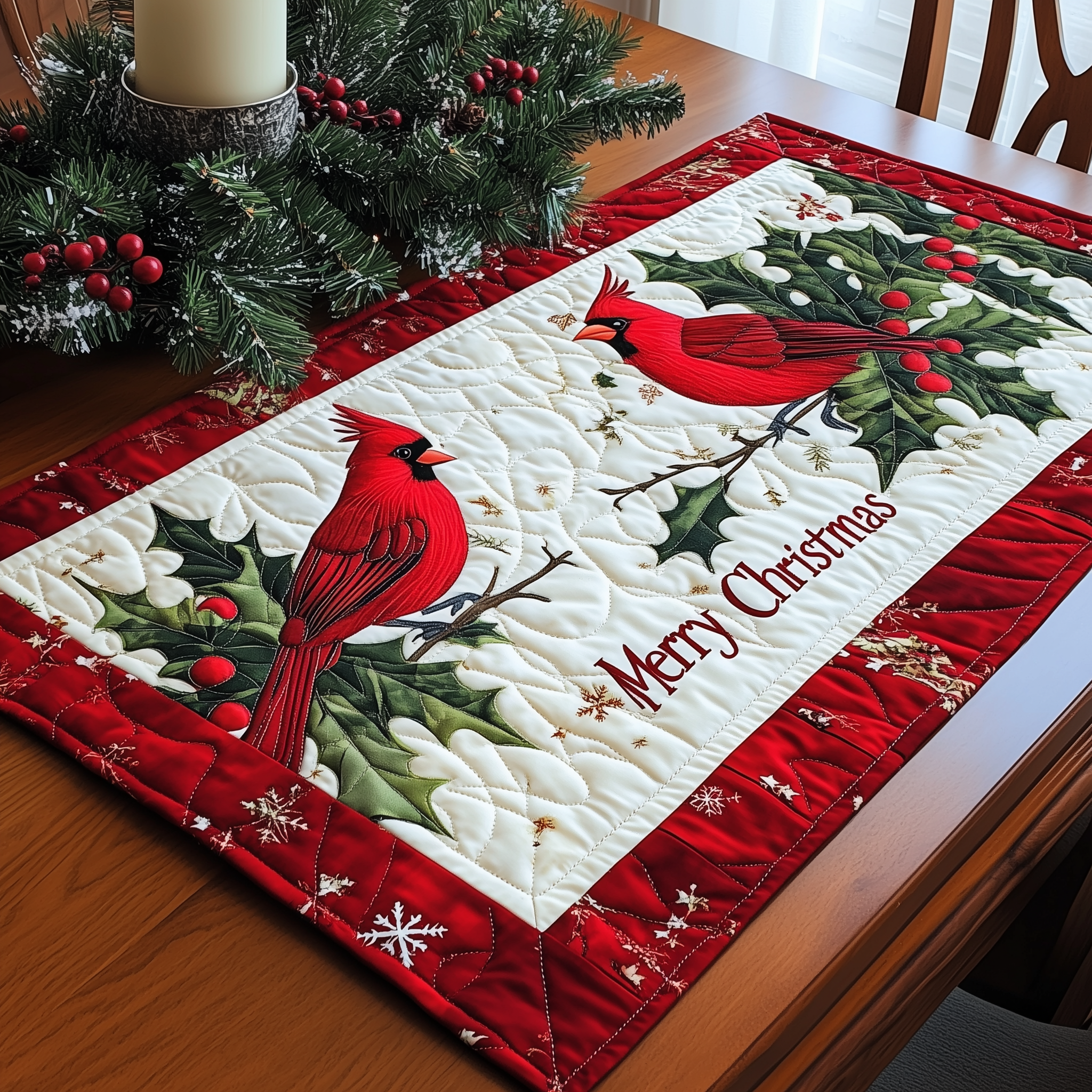 Merry Christmas Cardinal Quilted Table Runner Holiday Dining Table Runner Decorations Cardinal Gift Items-1 Merry Christmas Cardinal Quilted Table Runner Holiday Dining Table Runner Decorations Cardinal Gift Items-1