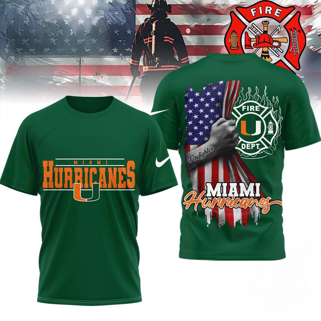 Miami Hurricanes 2025 NCAA Firefighter American Flag Shirt Miami Hurricanes Merch-1 Miami Hurricanes 2025 NCAA Firefighter American Flag Shirt Miami Hurricanes Merch-1