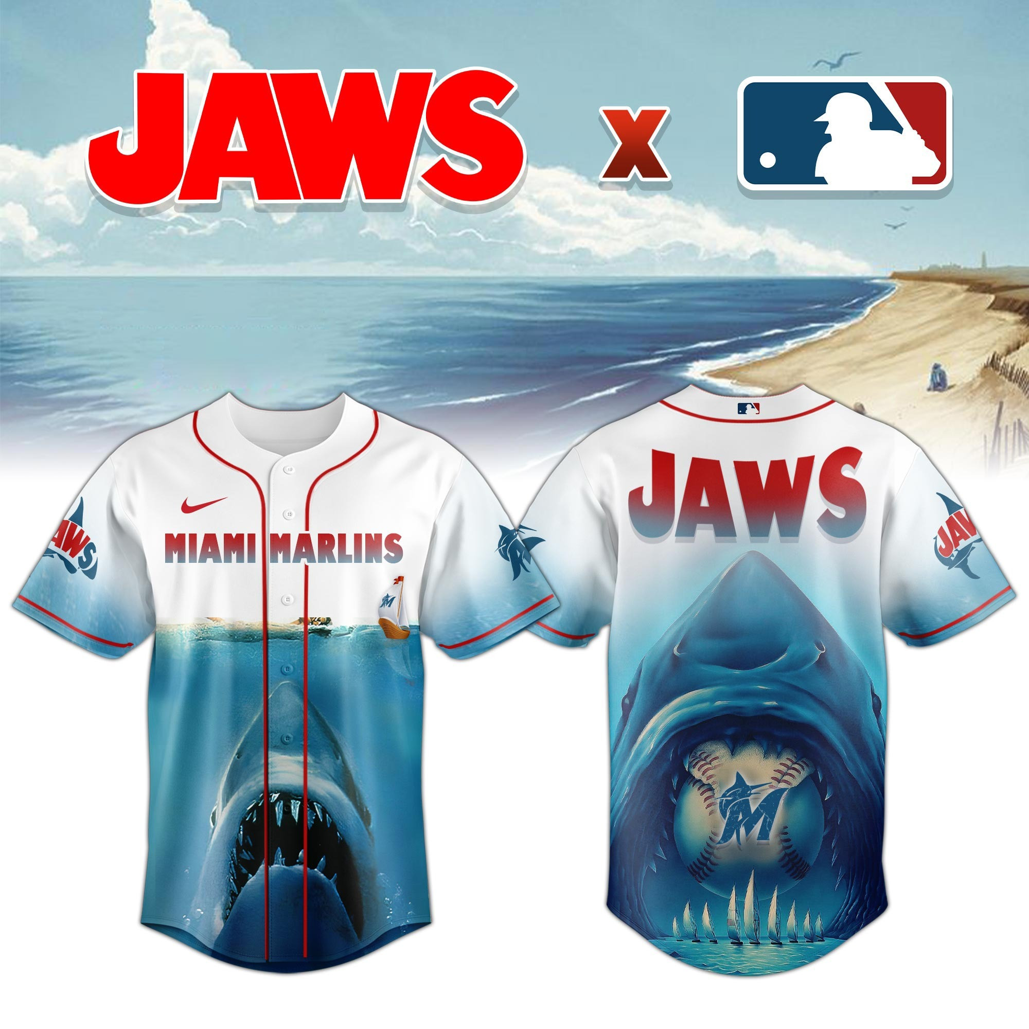 Miami Marlins x JAWS Jersey MLB Merch Baseball Lovers Themed Movie Gifts For Jaws Fans-1
