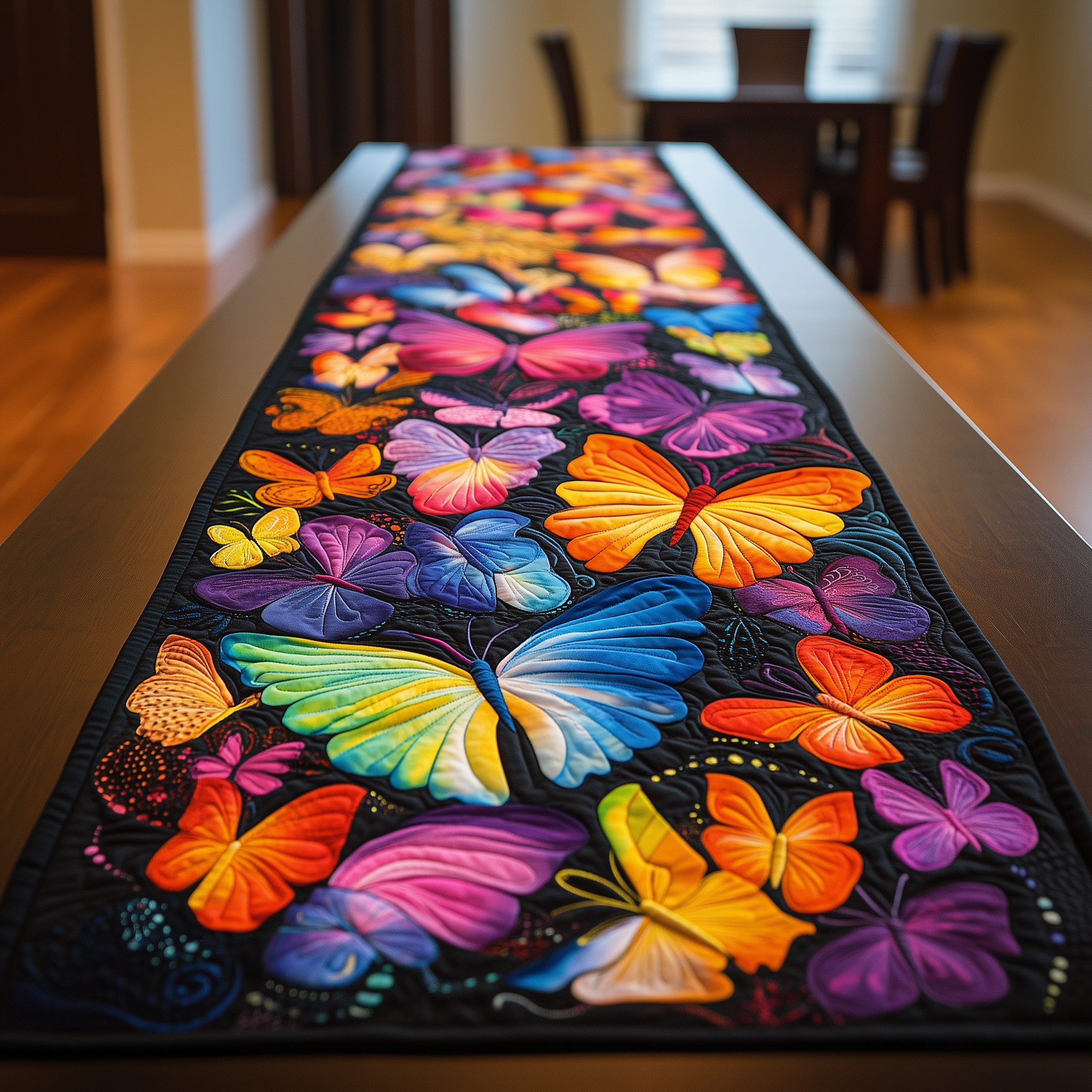 Midnight Butterflies Quilted Table Runner Modern Coffee Table Runner Gifts With Butterfly Theme-1 Midnight Butterflies Quilted Table Runner Modern Coffee Table Runner Gifts With Butterfly Theme-1