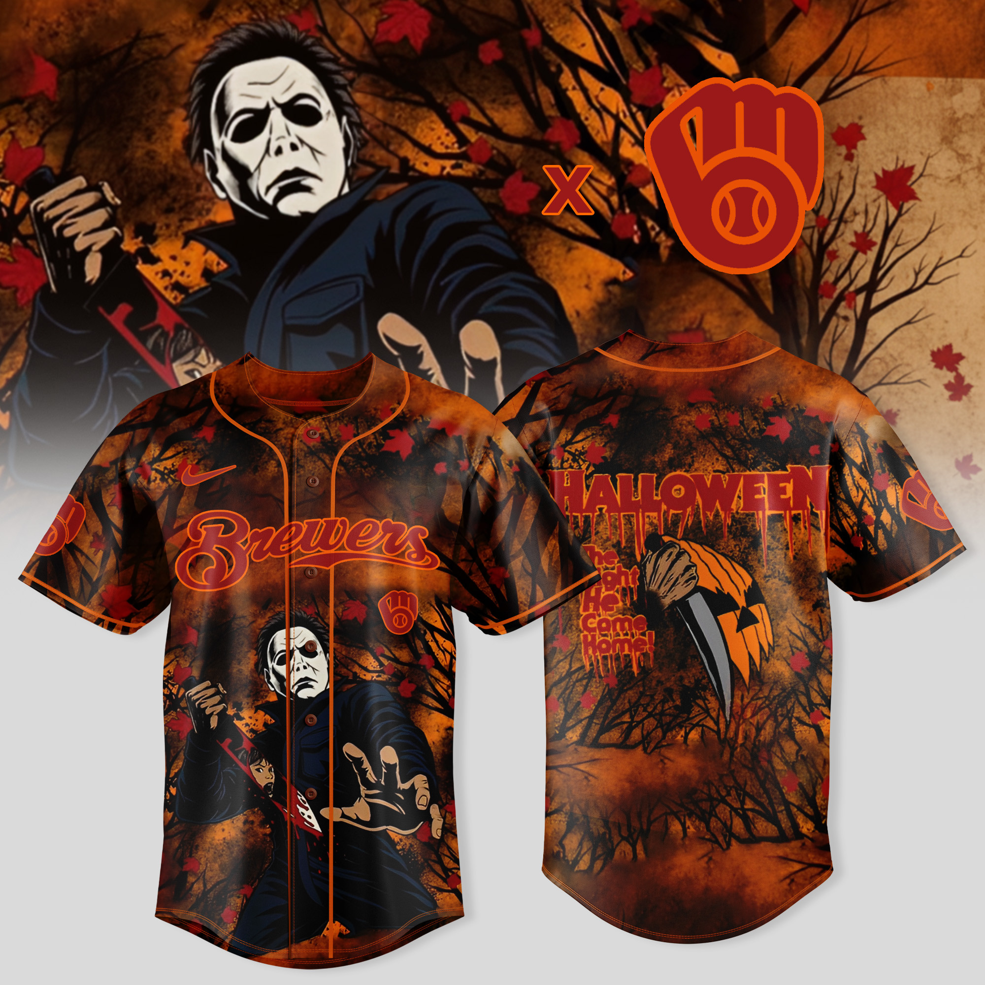 Milwaukee Brewers x Michael Myers 2025 Halloween Jersey Haunted Merch Gifts For Horror Lovers-1