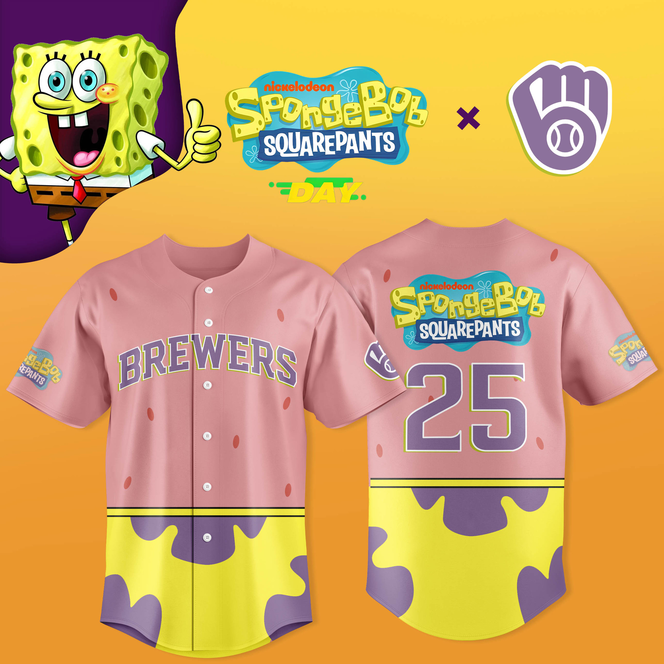 Milwaukee Brewers x SpongeBob SquarePants Day 2025 Jersey Brewers 25 Best Cartoon Fans Gifts-1