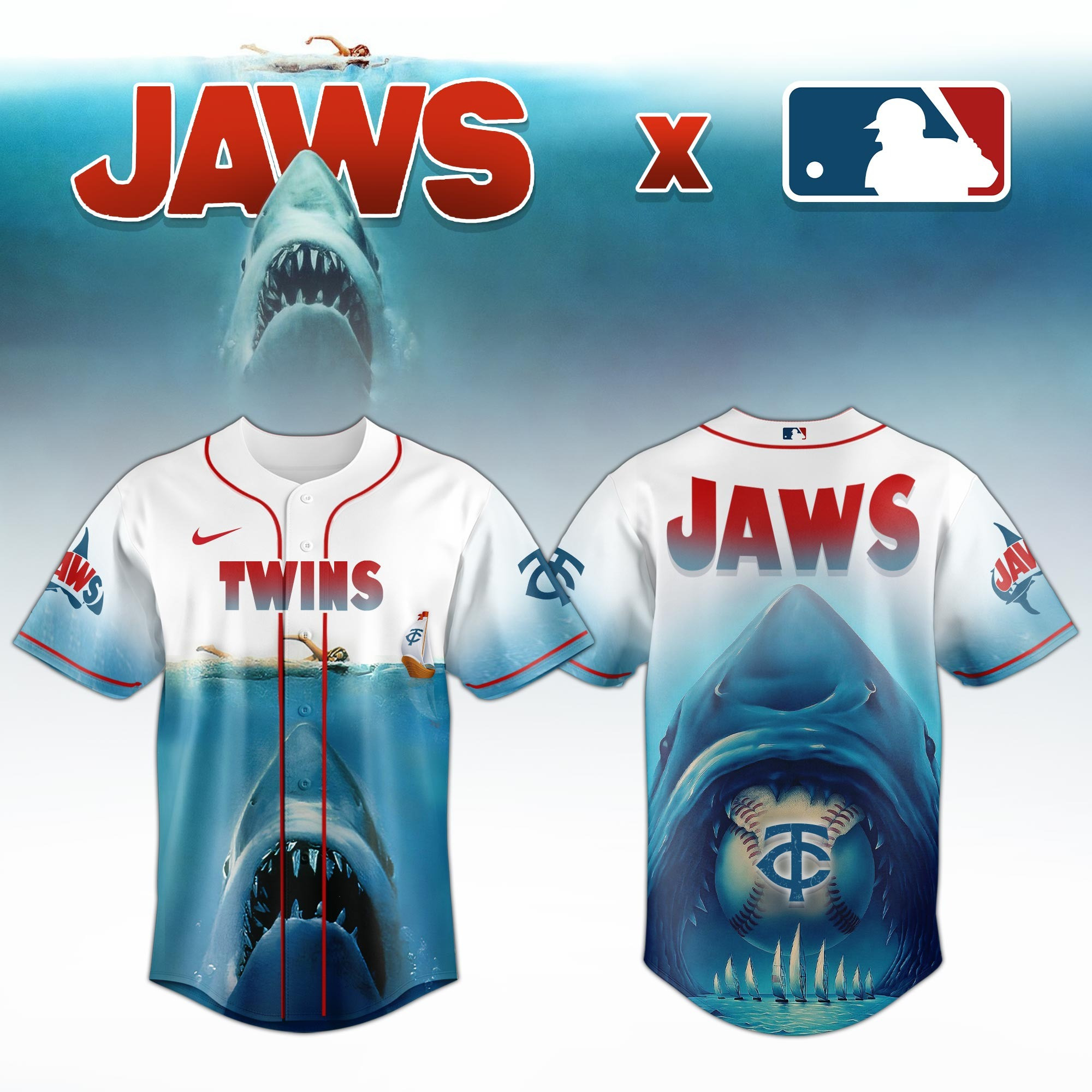 Minnesota Twins x JAWS Jersey MLB Merch Baseball Lovers Themed Movie Gifts For Jaws Fans-1