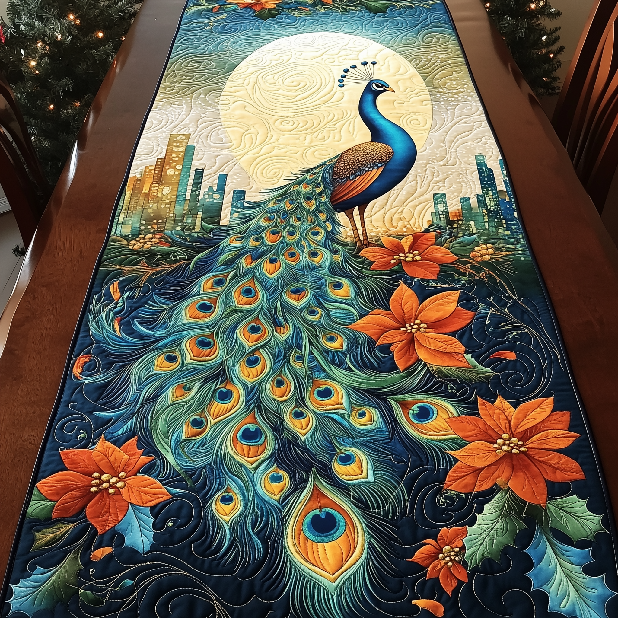 Moonlight Peacock Blossom Quilted Table Runner Modern Coffee Table Runner Peacock Merchandise Gifts-1 Moonlight Peacock Blossom Quilted Table Runner Modern Coffee Table Runner Peacock Merchandise Gifts-1