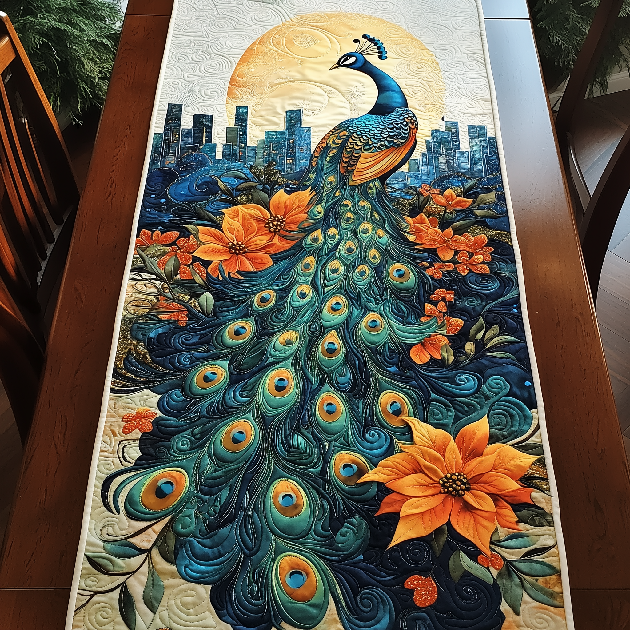 Moonlight Peacock Blossom Quilted Table RunnerHoliday Dining Table Runner Xmas Unique Peacock Themed Gifts-1 Moonlight Peacock Blossom Quilted Table RunnerHoliday Dining Table Runner Xmas Unique Peacock Themed Gifts-1