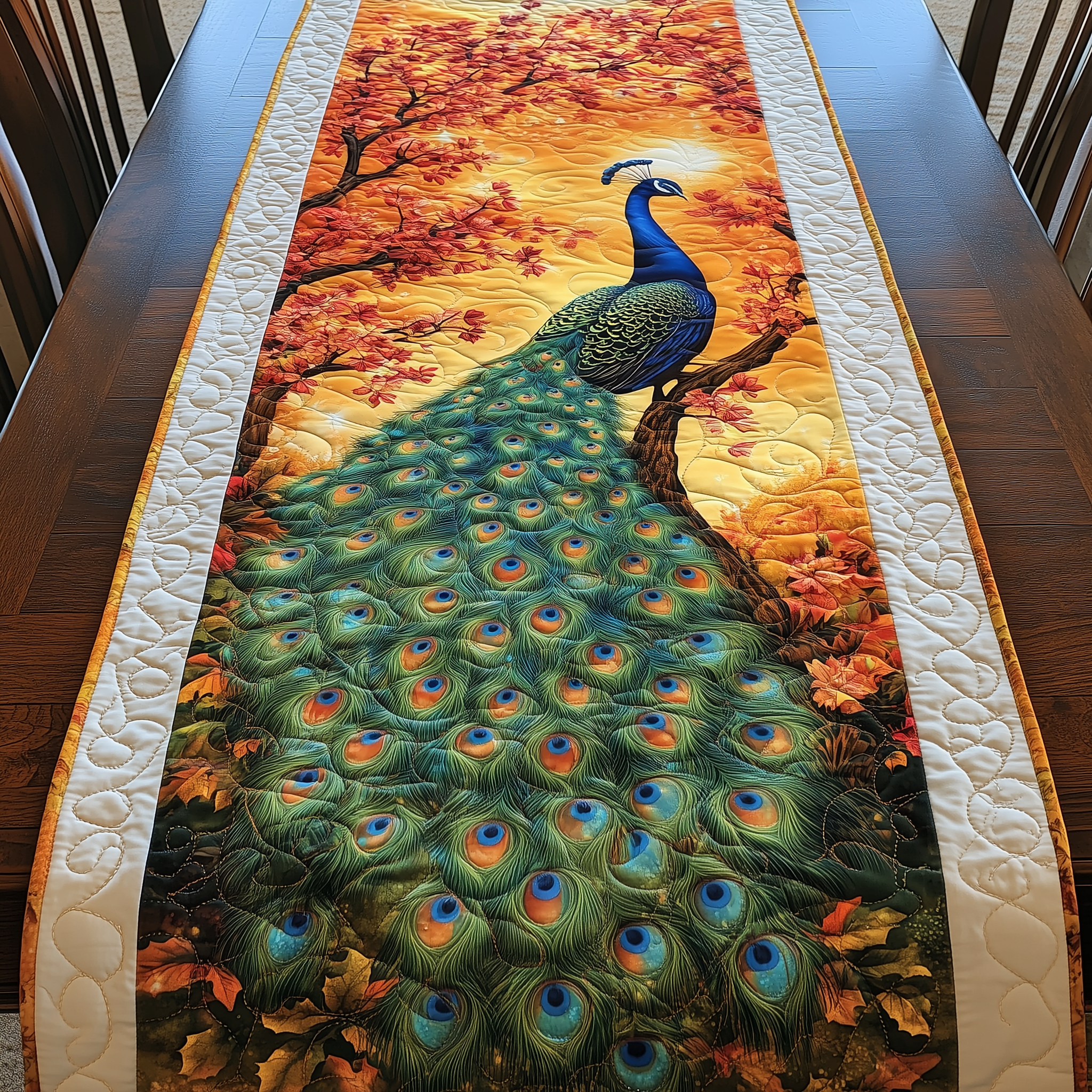Mystical Twilight Peacock Quilted Table Runner Modern Coffee Table Runner Decorations Peacock Themed Gifts-1