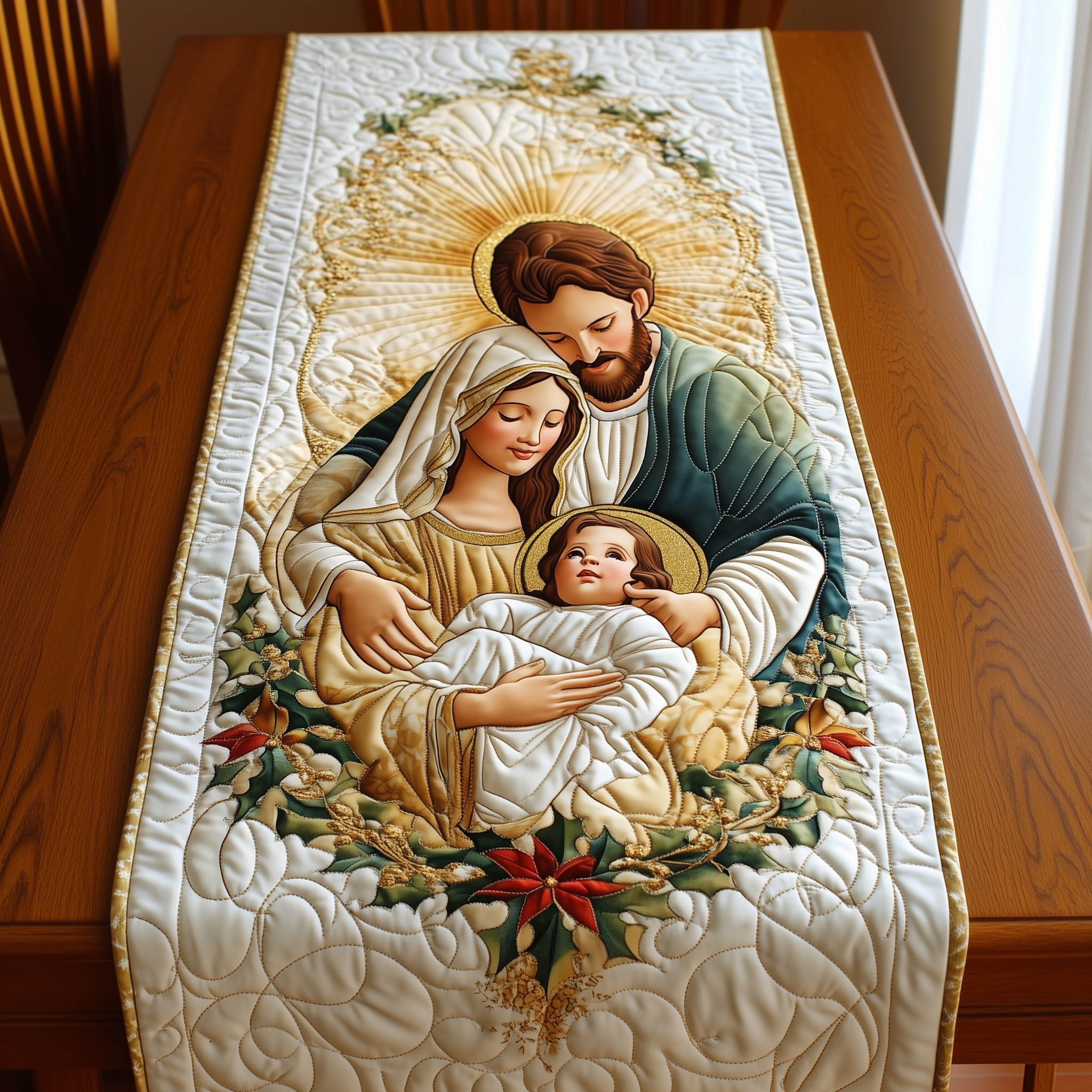 Nativity Blessing Quilted Table Runner Religious Christmas Decorations Christian Gifts For Men-1 Nativity Blessing Quilted Table Runner Religious Christmas Decorations Christian Gifts For Men-1