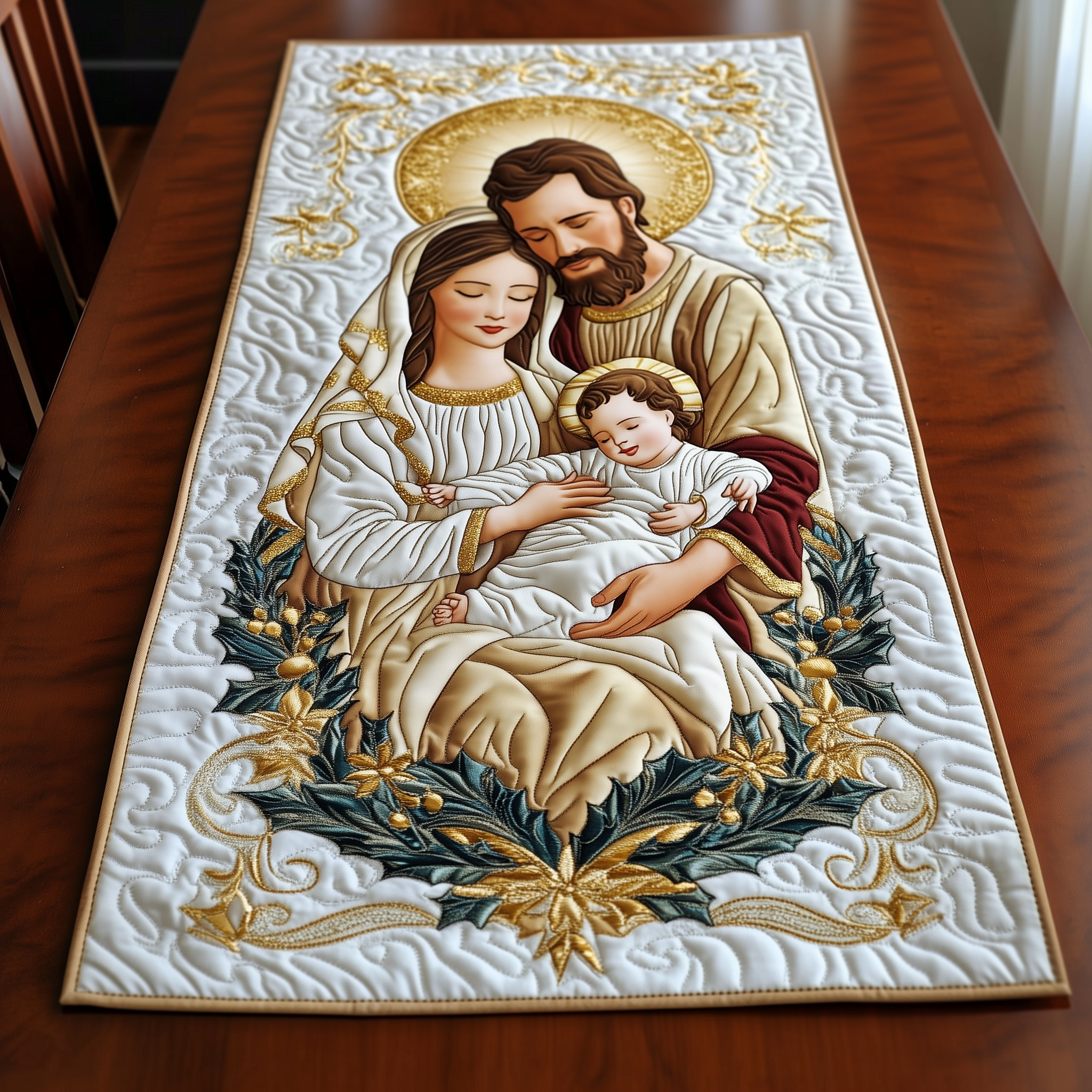 Nativity Blessing Quilted Table Runner Religious Christmas Decorations Christian Gifts For Women-1 Nativity Blessing Quilted Table Runner Religious Christmas Decorations Christian Gifts For Women-1