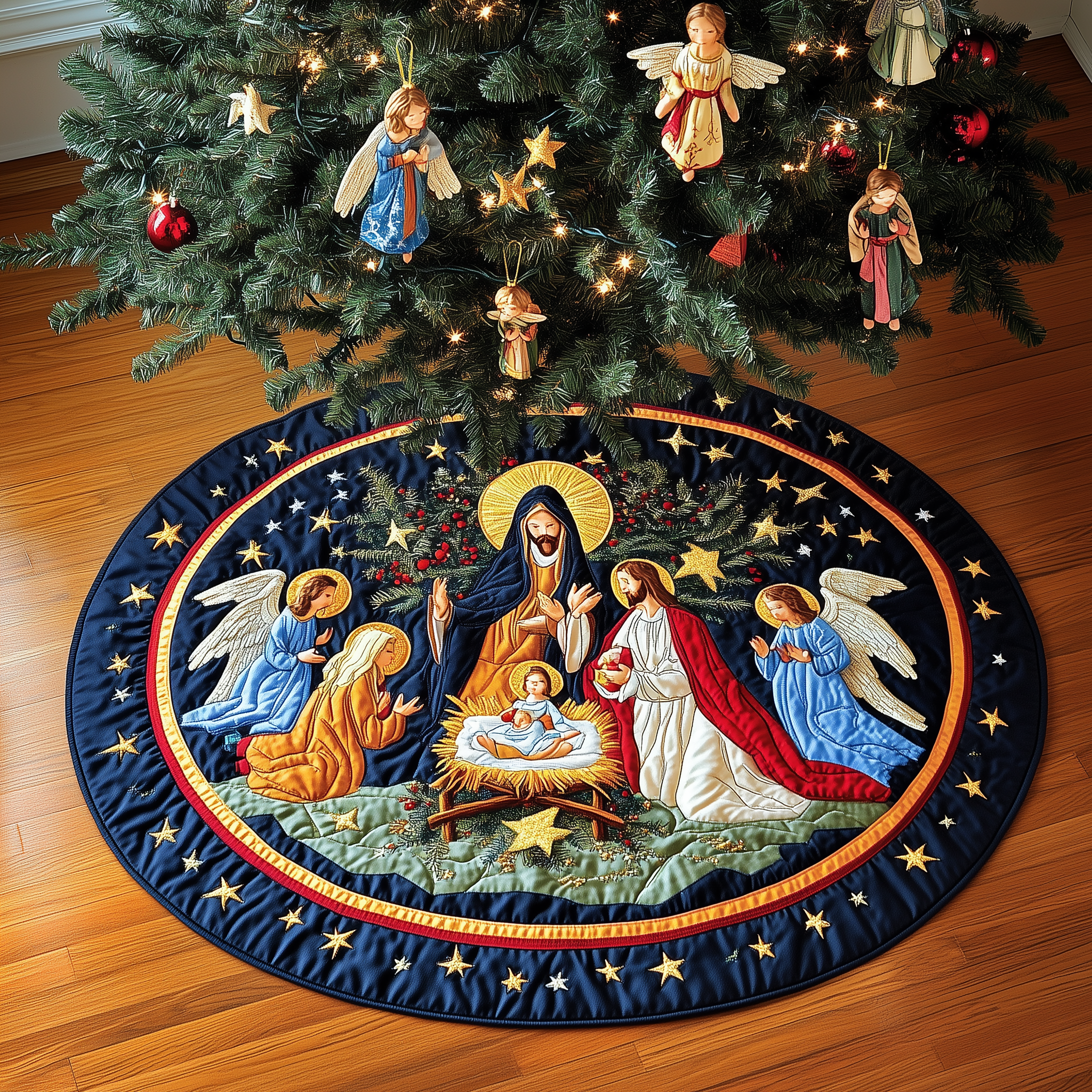 Nativity Blessing Quilted Tree Skirt Best Tree Skirts Indoor Nativity Scene Christmas Decorations-1