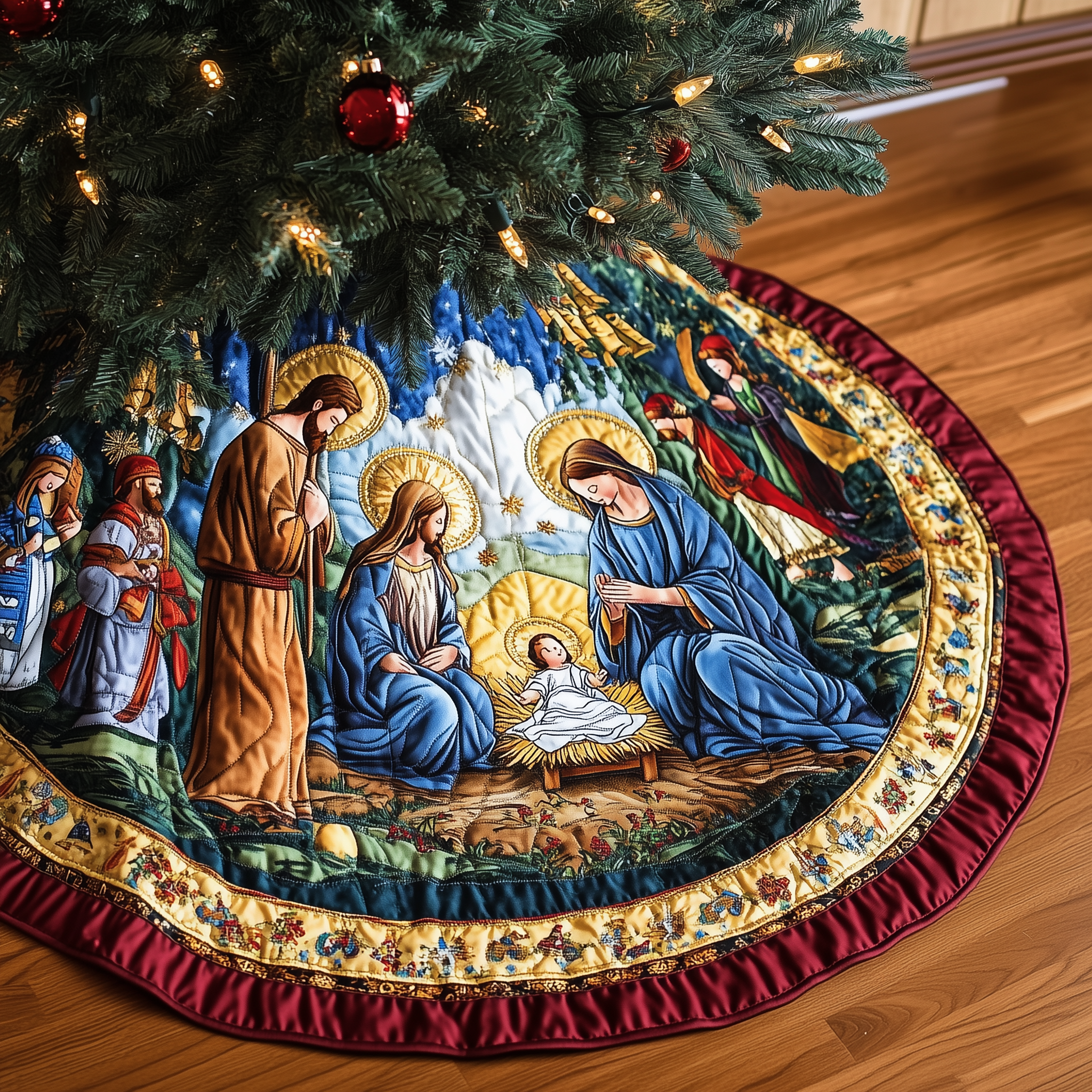 Nativity Blessing Quilted Tree Skirt With Nativity Scene Holiday Indoor Christmas Home Decorations-1