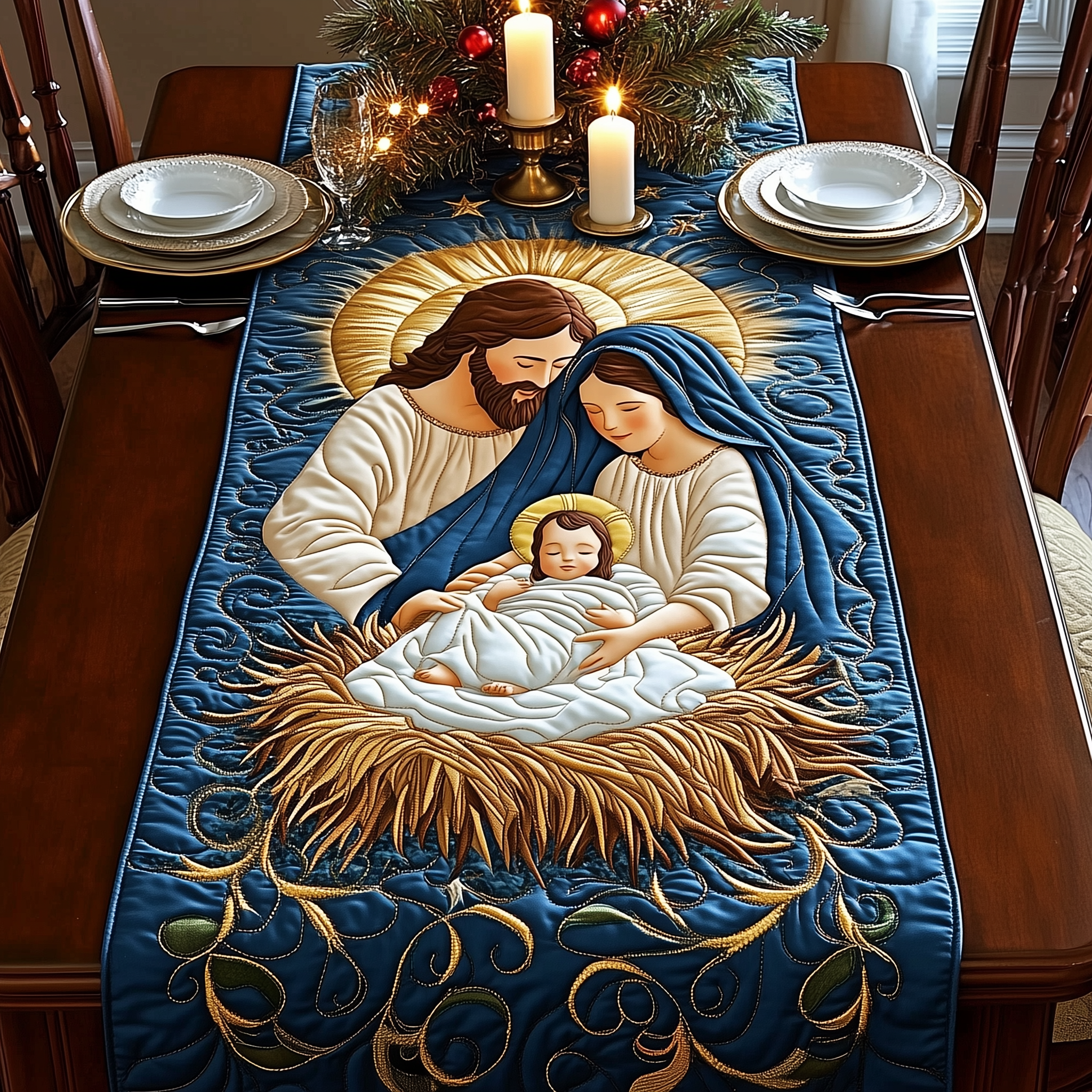 Nativity Scene Quilted Table Runner Faith Christian Indoor Faith Christmas Decorations-1 Nativity Scene Quilted Table Runner Faith Christian Indoor Faith Christmas Decorations-1
