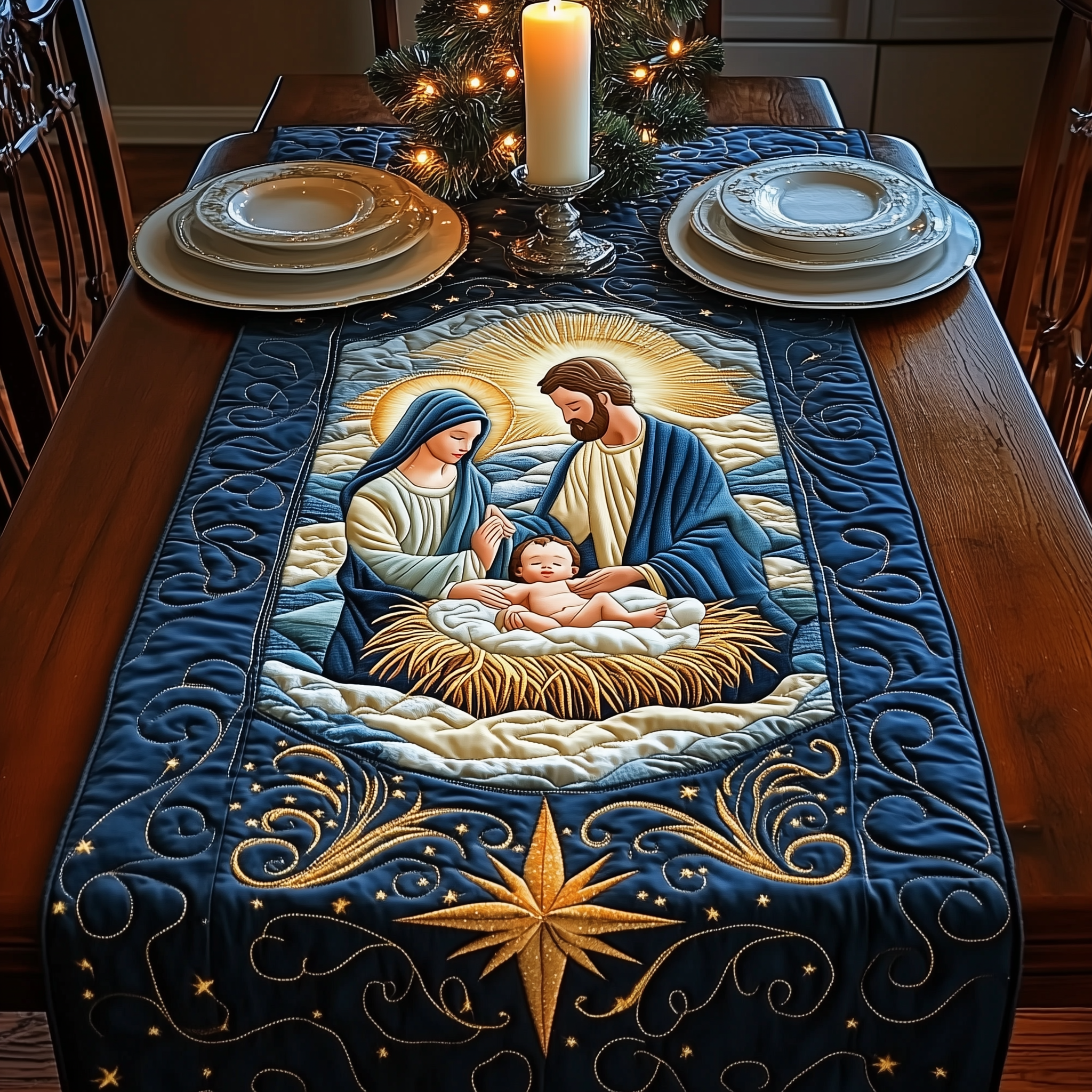 Nativity Scene Quilted Table Runner Holiday Dining Christmas Table Runner Home Decorations-1