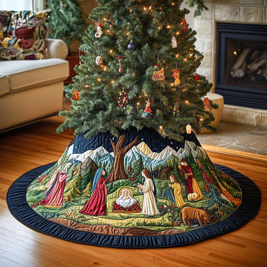 Nativity Scene Quilted Tree Skirt Nativity Scene Christmas Decorations Tree Base Cover Indoor Christian Gifts-1