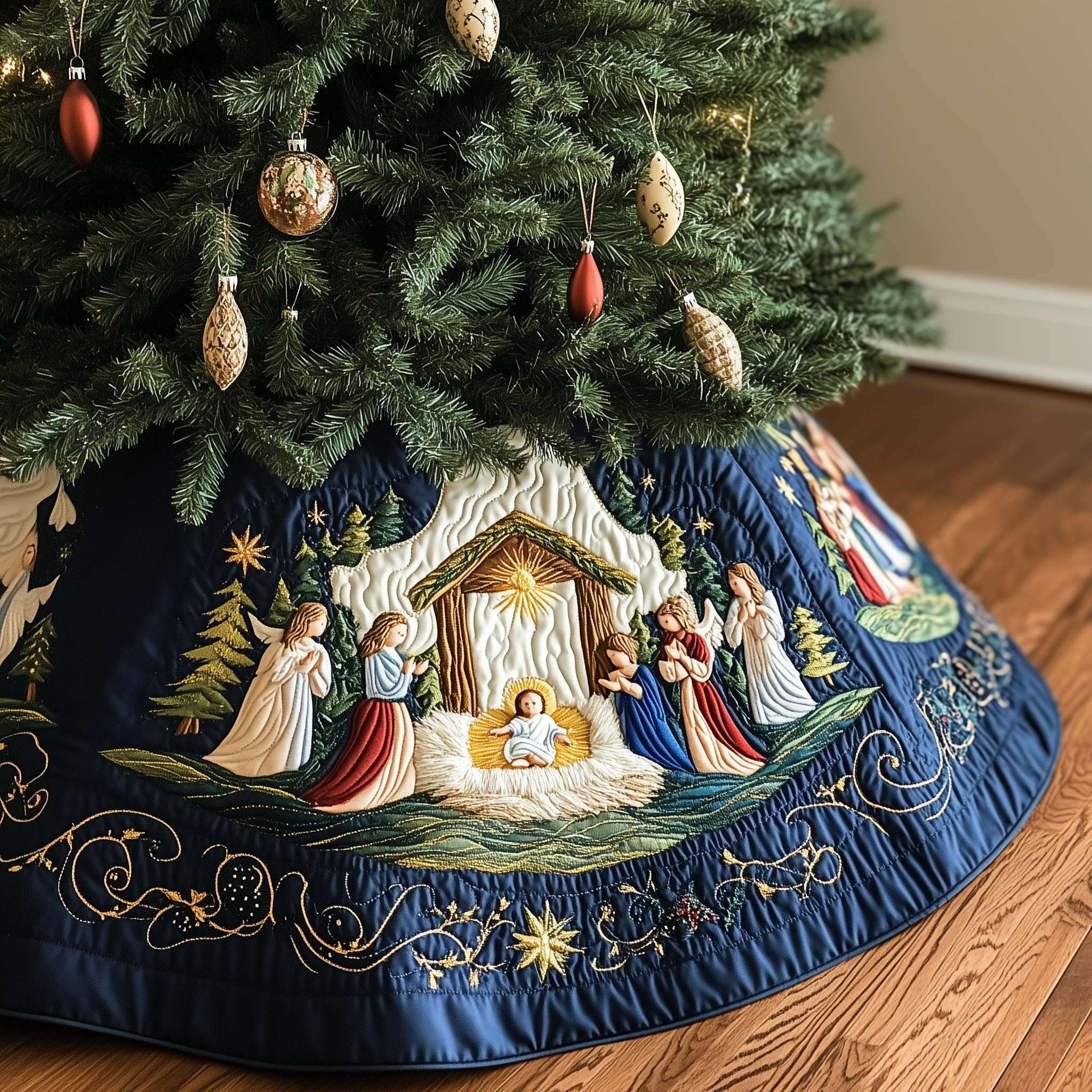Nativity Scene Quilted Tree Skirt Xmas Tree Decoration Jesus Christmas Tree Skirt Christian Gifts-1 Nativity Scene Quilted Tree Skirt Xmas Tree Decoration Jesus Christmas Tree Skirt Christian Gifts-1