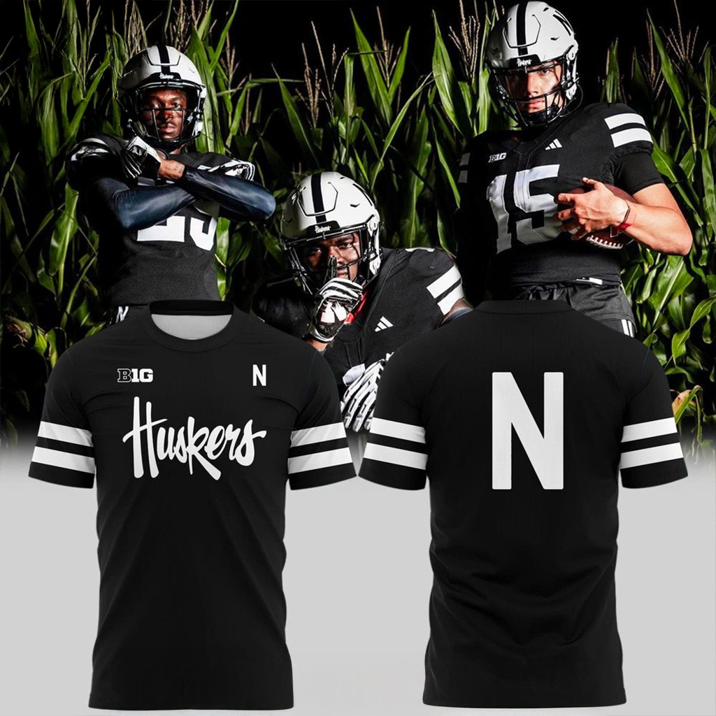 Nebraska Cornhuskers New Alternate Dark Mode Helmet Logo In Black T-Shirt Cornhuskers Merch-1 Nebraska Cornhuskers New Alternate Dark Mode Helmet Logo In Black T-Shirt Cornhuskers Merch-1