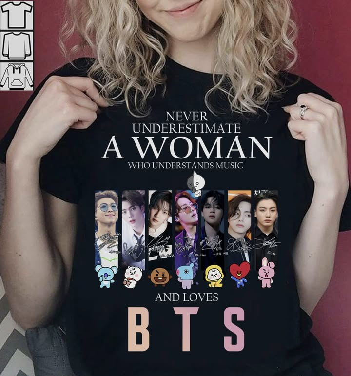 Never Underestimate A Woman Who Loves BTS T-Shirt Gifts For BTS Fans Army For Her-1 Never Underestimate A Woman Who Loves BTS T-Shirt Gifts For BTS Fans Army For Her-1