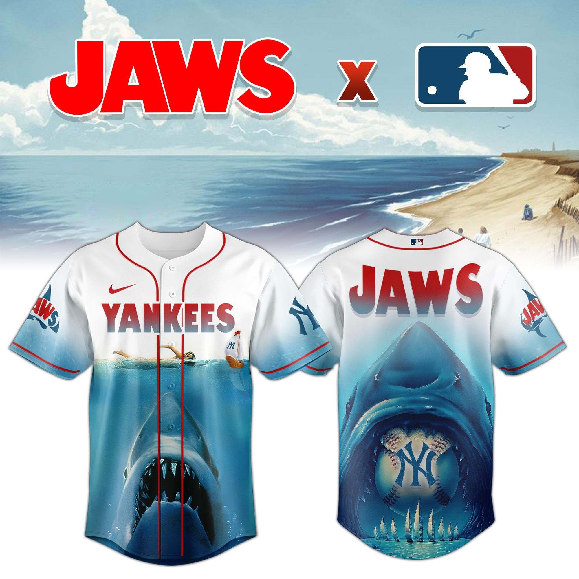 New York Yankees x JAWS Jersey MLB Merch Baseball Lovers Movie Gifts For Jaws Fans-1