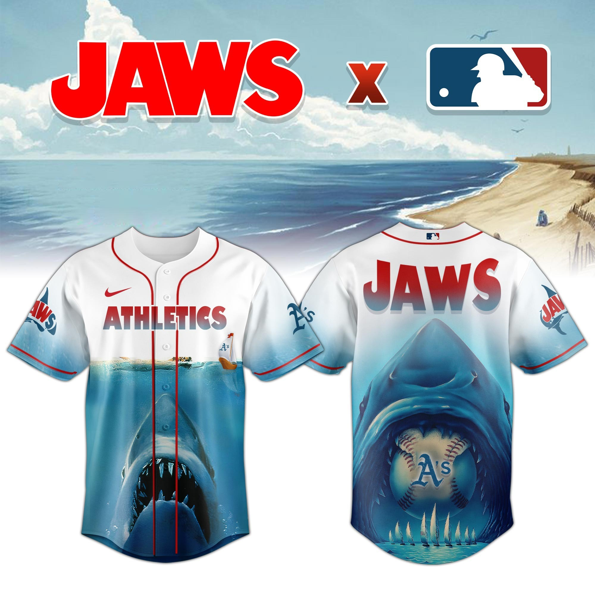 Oakland Athletics x JAWS Jersey MLB Merch Baseball Lovers Movie Gifts For Jaws Fans-1