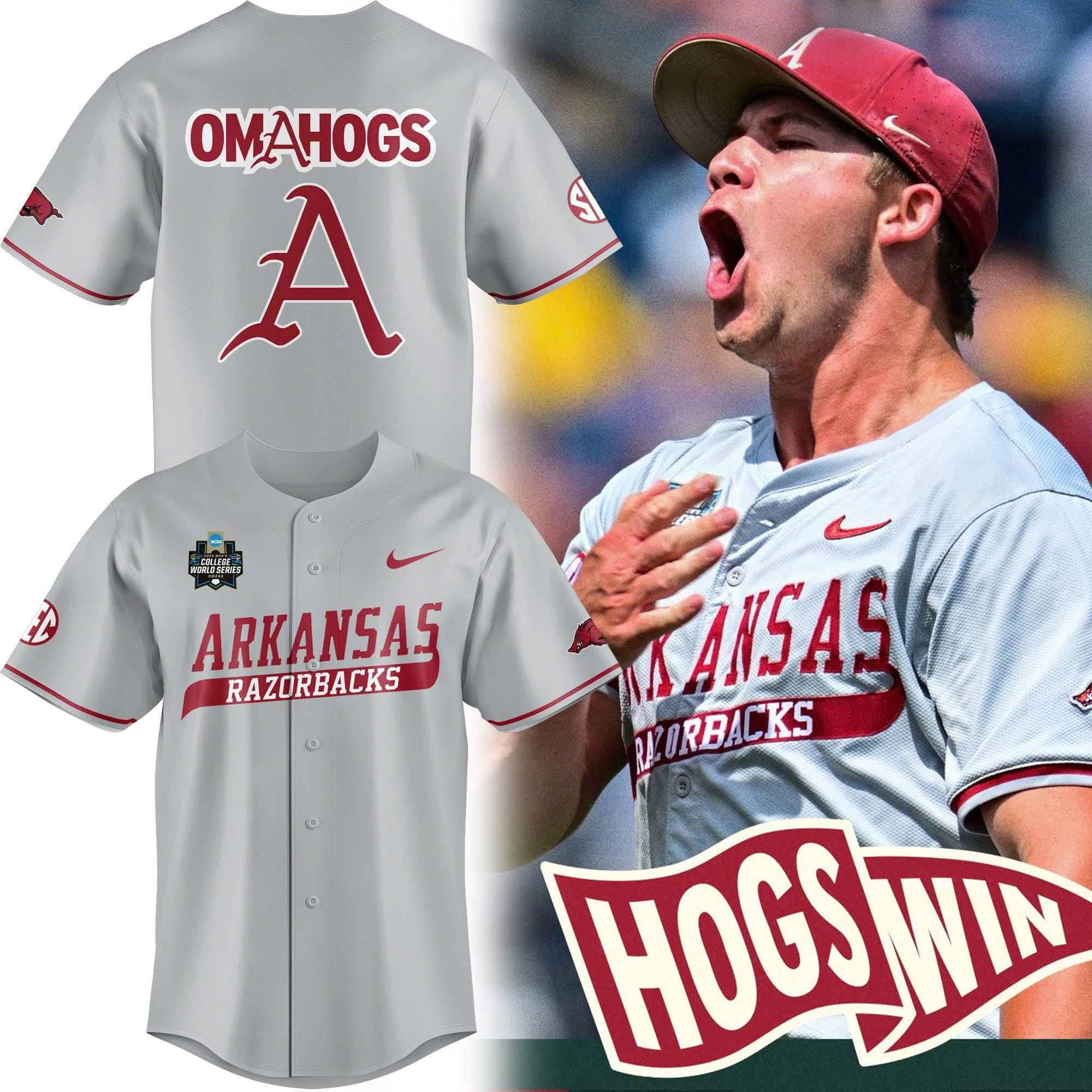 Omahogs Arkansas Razorback Jersey NCAA Men's College World Series 2025 Fan Gear Merch-1 Omahogs Arkansas Razorback Jersey NCAA Men's College World Series 2025 Fan Gear Merch-1