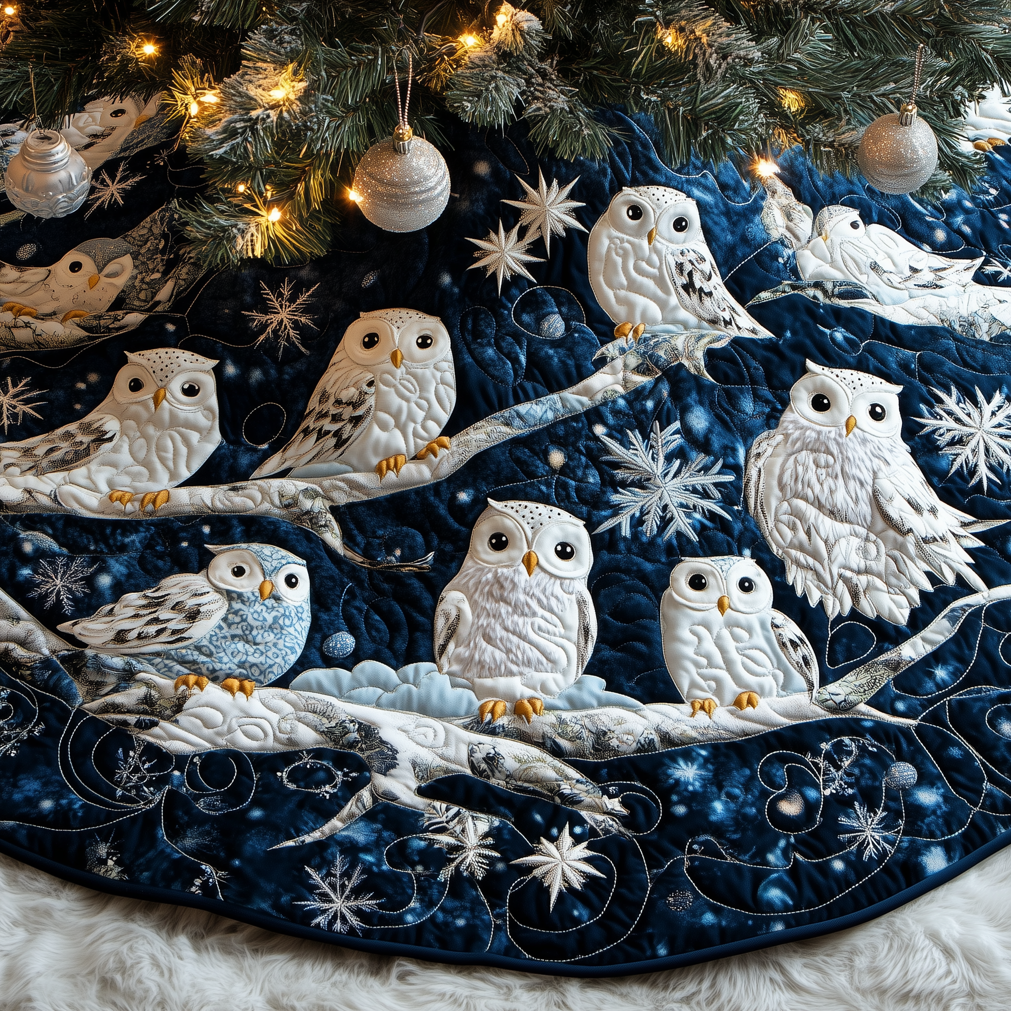 Owls Quilted Tree Skirt Xmas Tree Base Cover Decorations Christmas Best Gifts For Owl Lovers-1