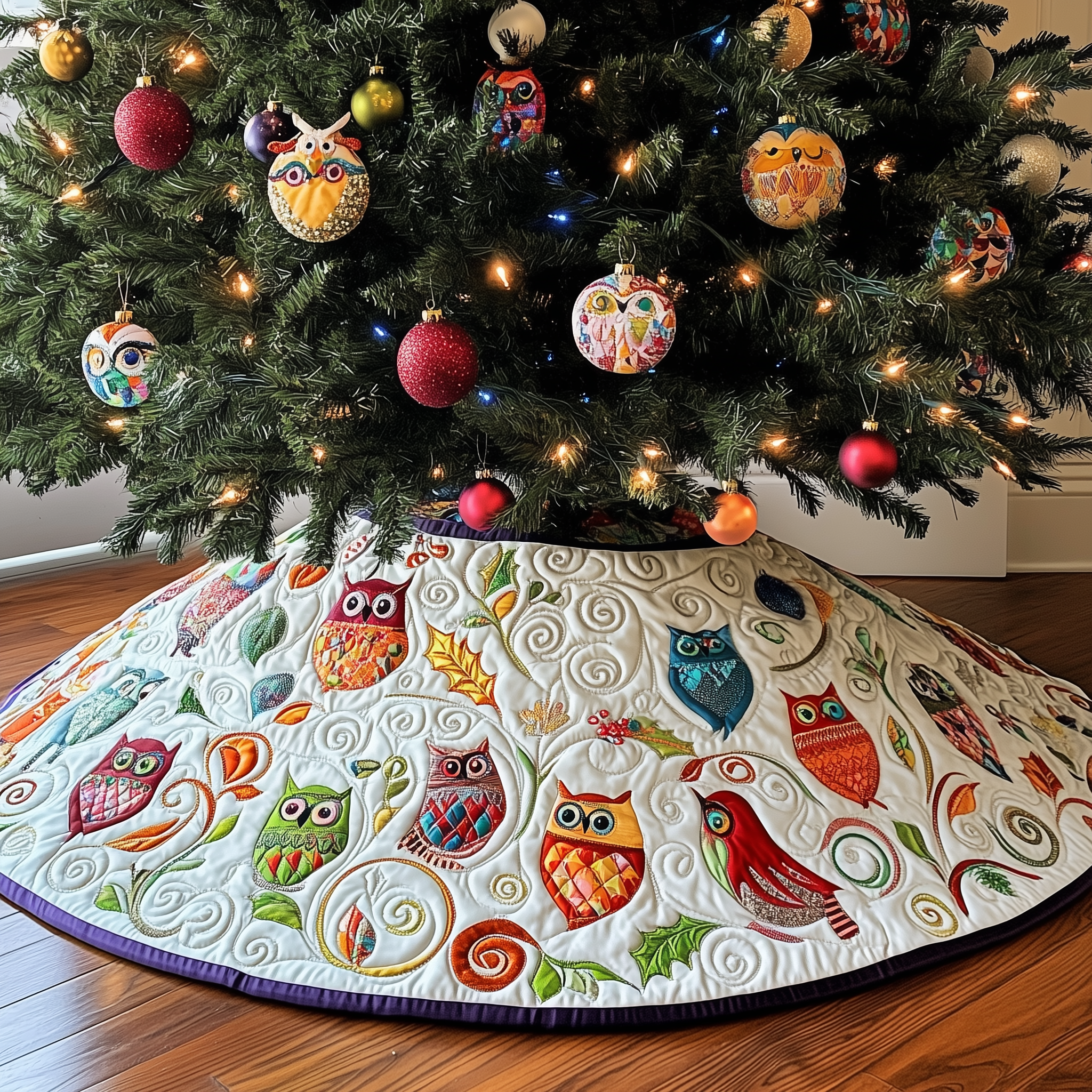 Owls Quilted Tree Skirt Xmas Tree Base Cover Decorations Owl Christmas Presents-1