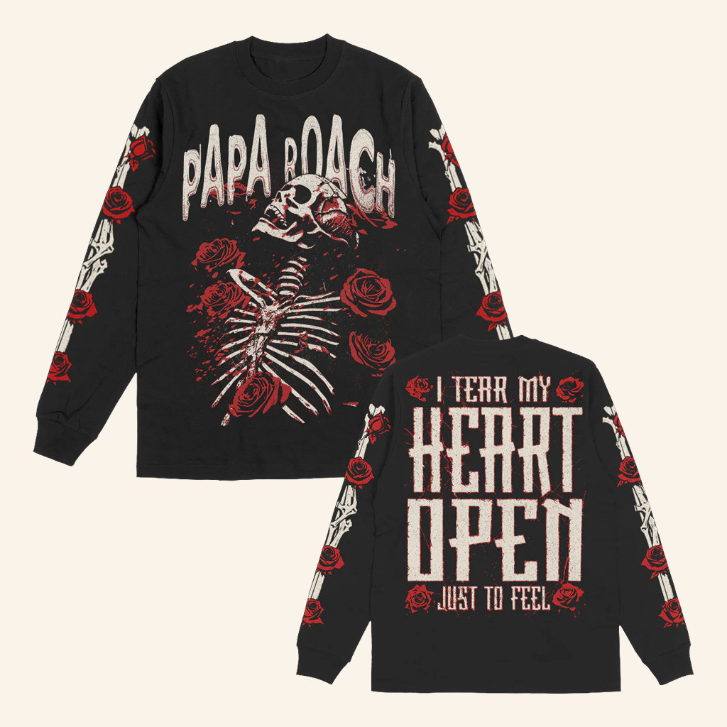 Papa Roach Merch Skeleton And Roses Long Sleeve Shirt Gift Ideas For Music Lovers-1