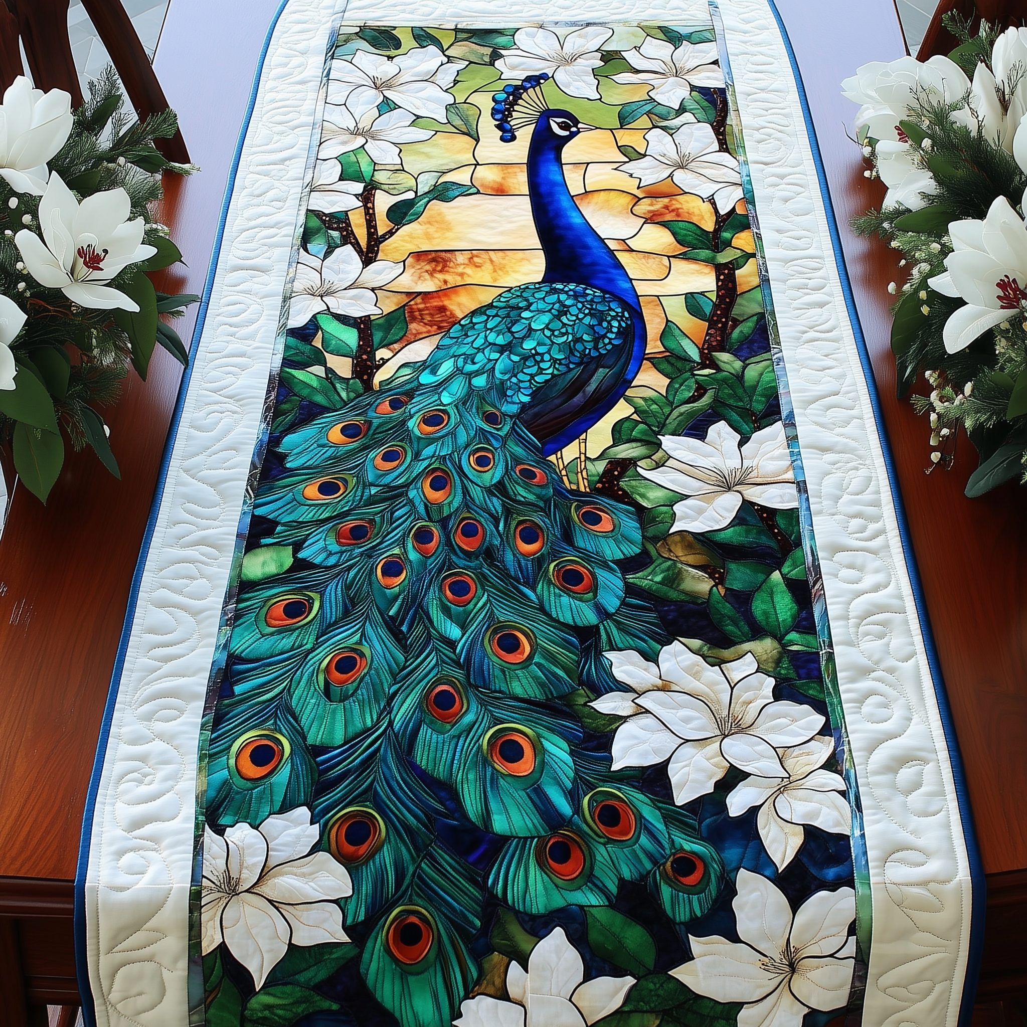 Peacock Garden Quilted Table Runner Modern Coffee Table Runner Decorations Peacock Themed Gifts-1 Peacock Garden Quilted Table Runner Modern Coffee Table Runner Decorations Peacock Themed Gifts-1