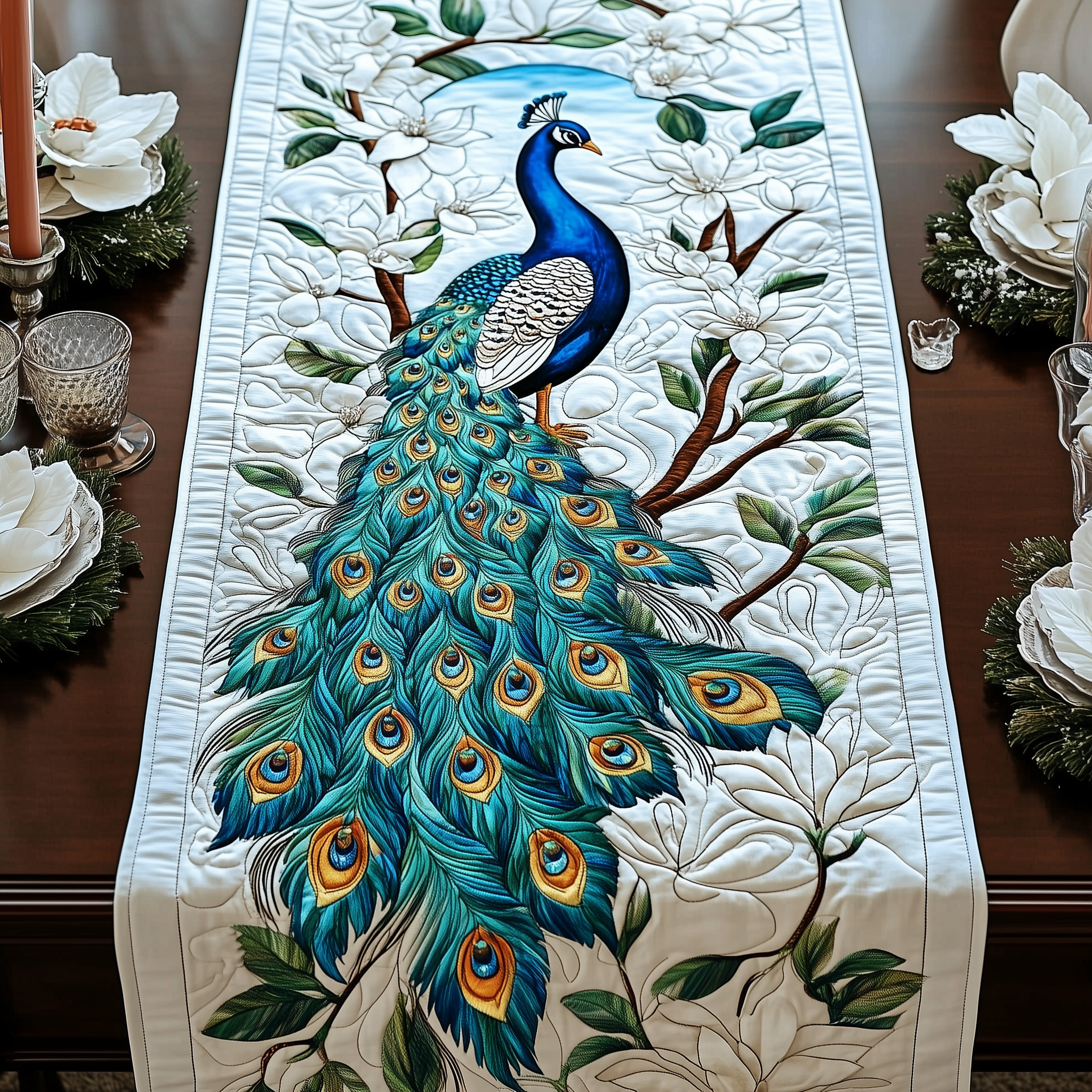 Peacock Garden Quilted Table RunnerHoliday Dining Table Runner Xmas Unique Peacock Themed Gifts-1 Peacock Garden Quilted Table RunnerHoliday Dining Table Runner Xmas Unique Peacock Themed Gifts-1