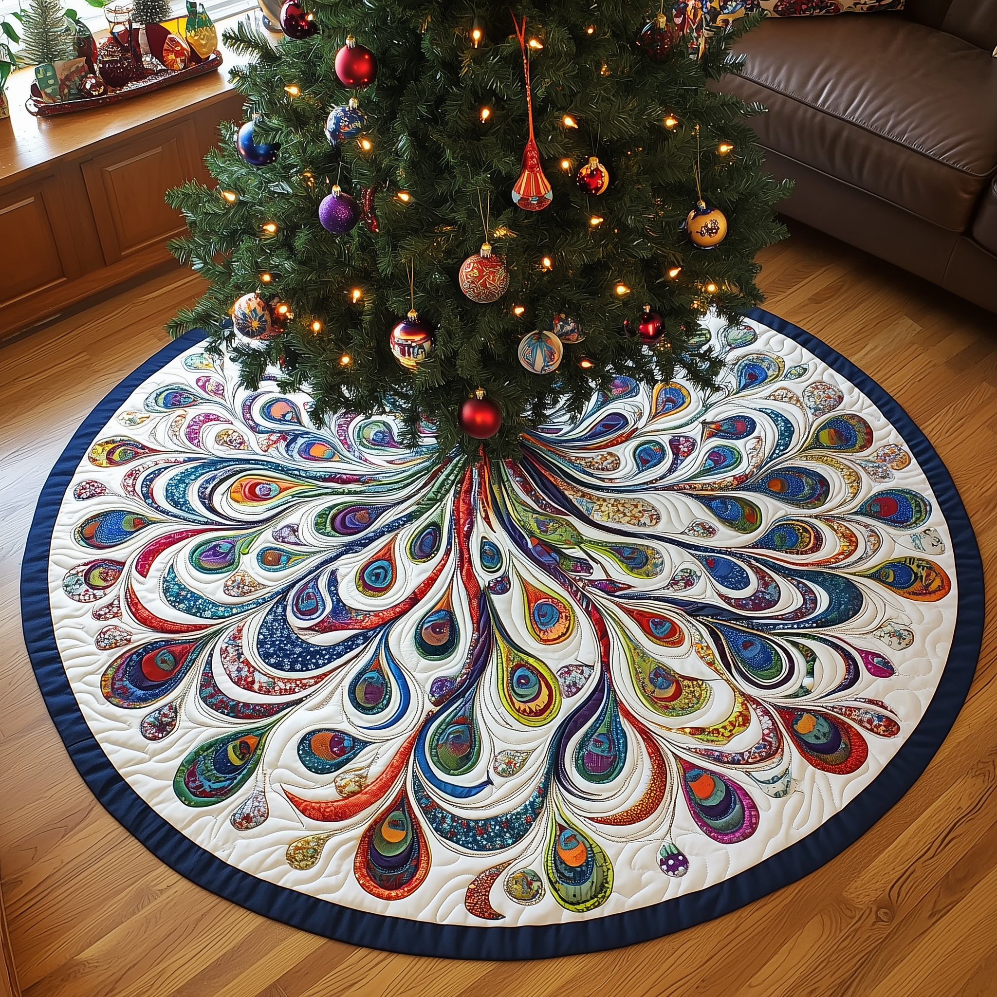Peacock Mandala Quilted Tree Skirt Holiday Christmas Tree Base Decorations Peacock Themed Gift-1