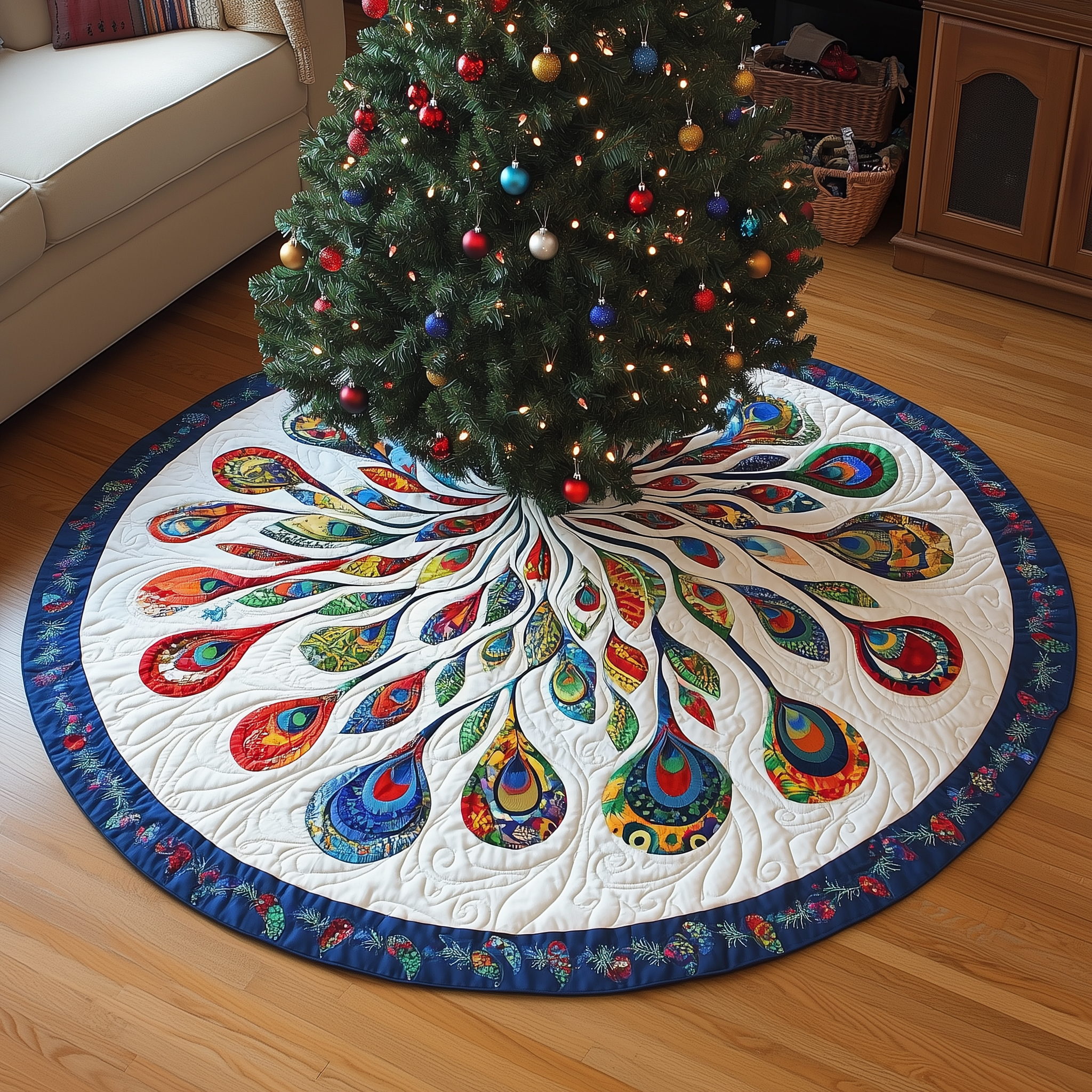 Peacock Mandala Quilted Tree Skirt Holiday Xmas Indoor Christmas Decorations Peacock Merchandise Gifts-1