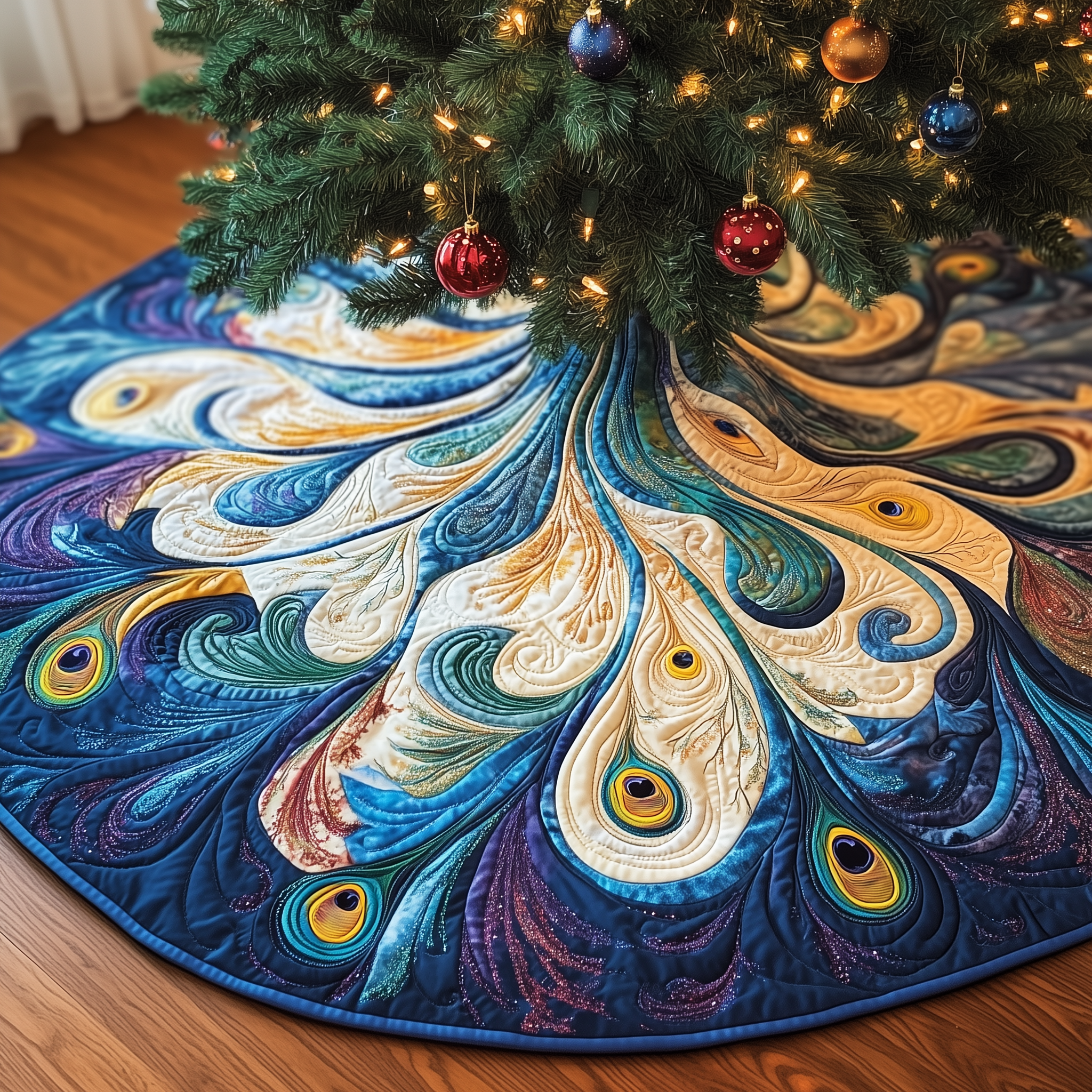 Peacock Quilted Tree Skirt Holiday Christmas Tree Base Decorations Peacock Themed Gift-1 Peacock Quilted Tree Skirt Holiday Christmas Tree Base Decorations Peacock Themed Gift-1