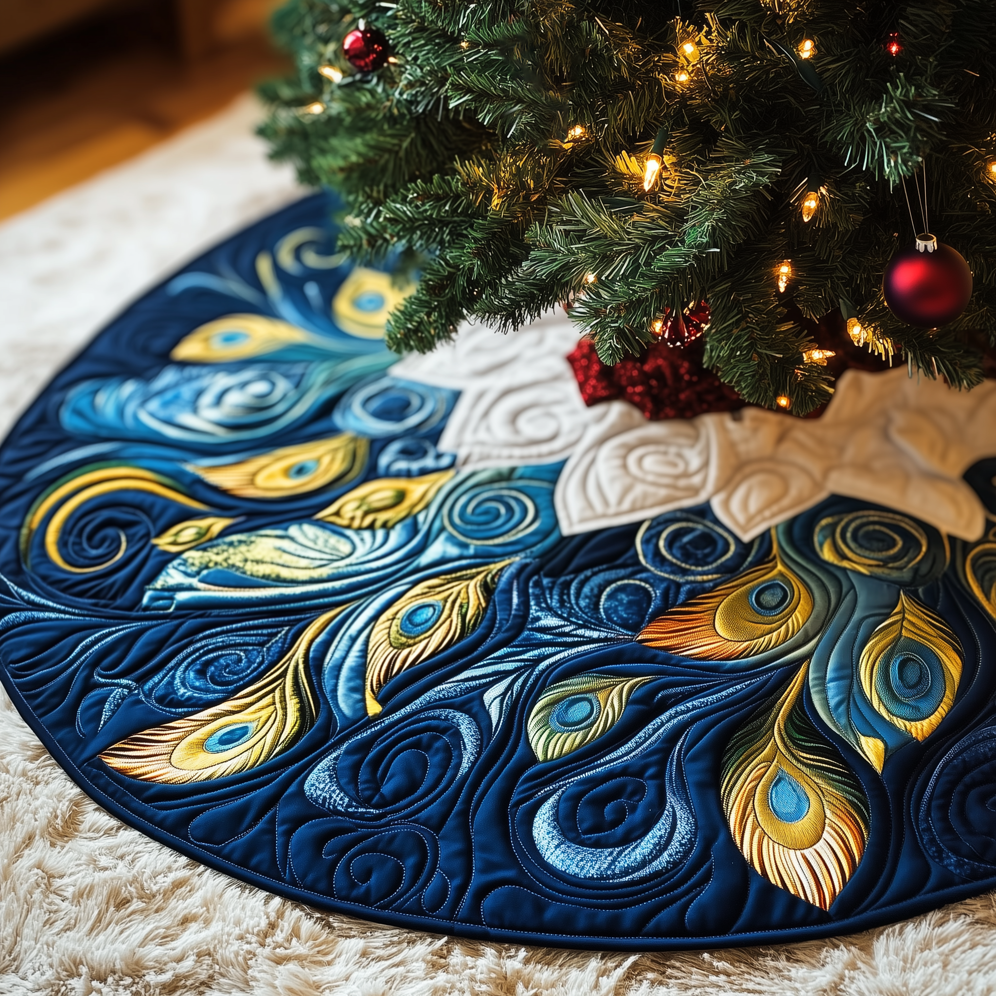 Peacock Quilted Tree Skirt Xmas Tree Base Cover Decorations Peacock Gifts For Her-1 Peacock Quilted Tree Skirt Xmas Tree Base Cover Decorations Peacock Gifts For Her-1