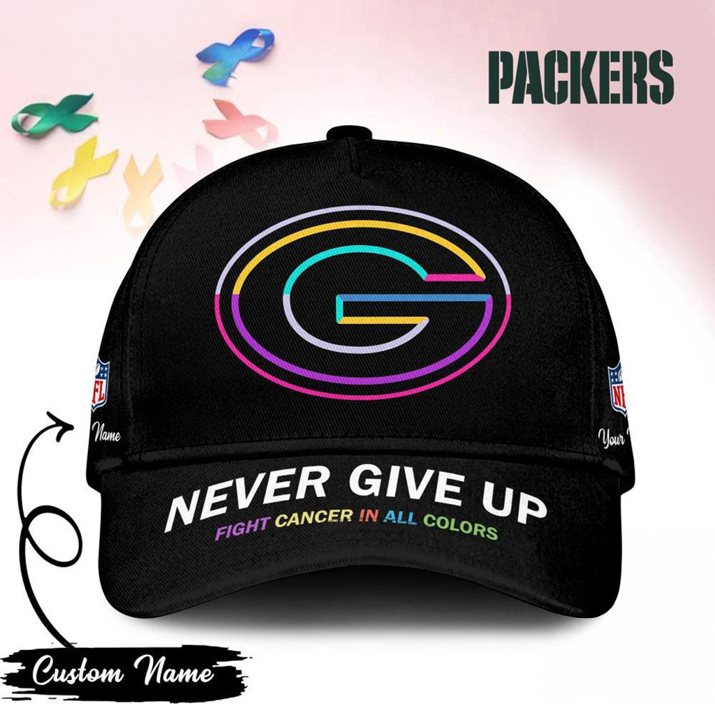 Personalized Green Bay Packers Never Give Up Fight Cancer In All Colors Hat Packers Merch-1 Personalized Green Bay Packers Never Give Up Fight Cancer In All Colors Hat Packers Merch-1