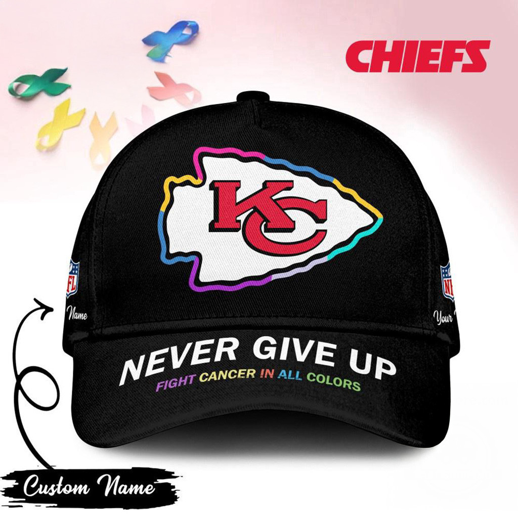 Personalized Kansas City Chiefs Never Give Up Fight Cancer In All Colors Hat Chiefs Merch-1