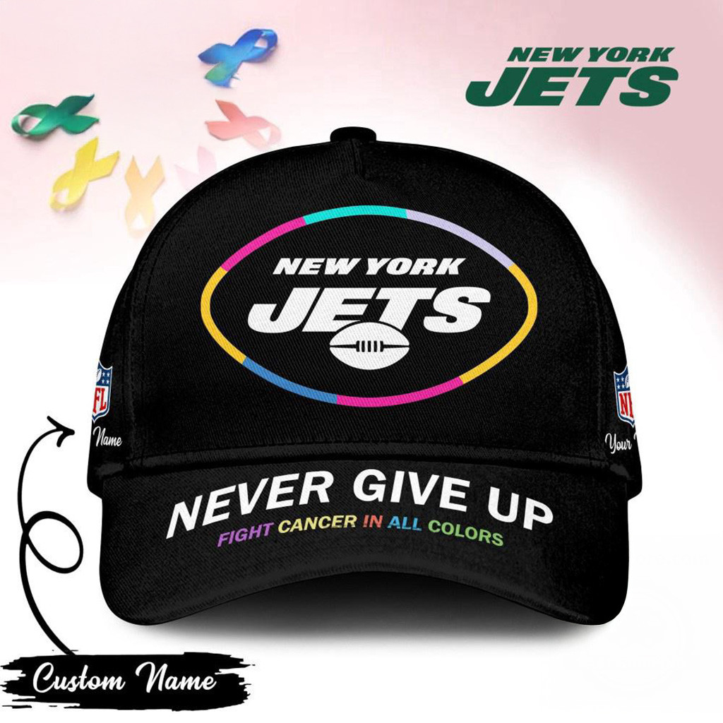 Personalized New York Jets Never Give Up Fight Cancer In All Colors Hat Jets Merch Fans Gift-1