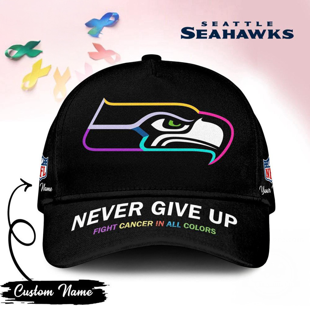 Personalized Seattle Seahawks Never Give Up Fight Cancer In All Colors Hat Seahawks Merch-1