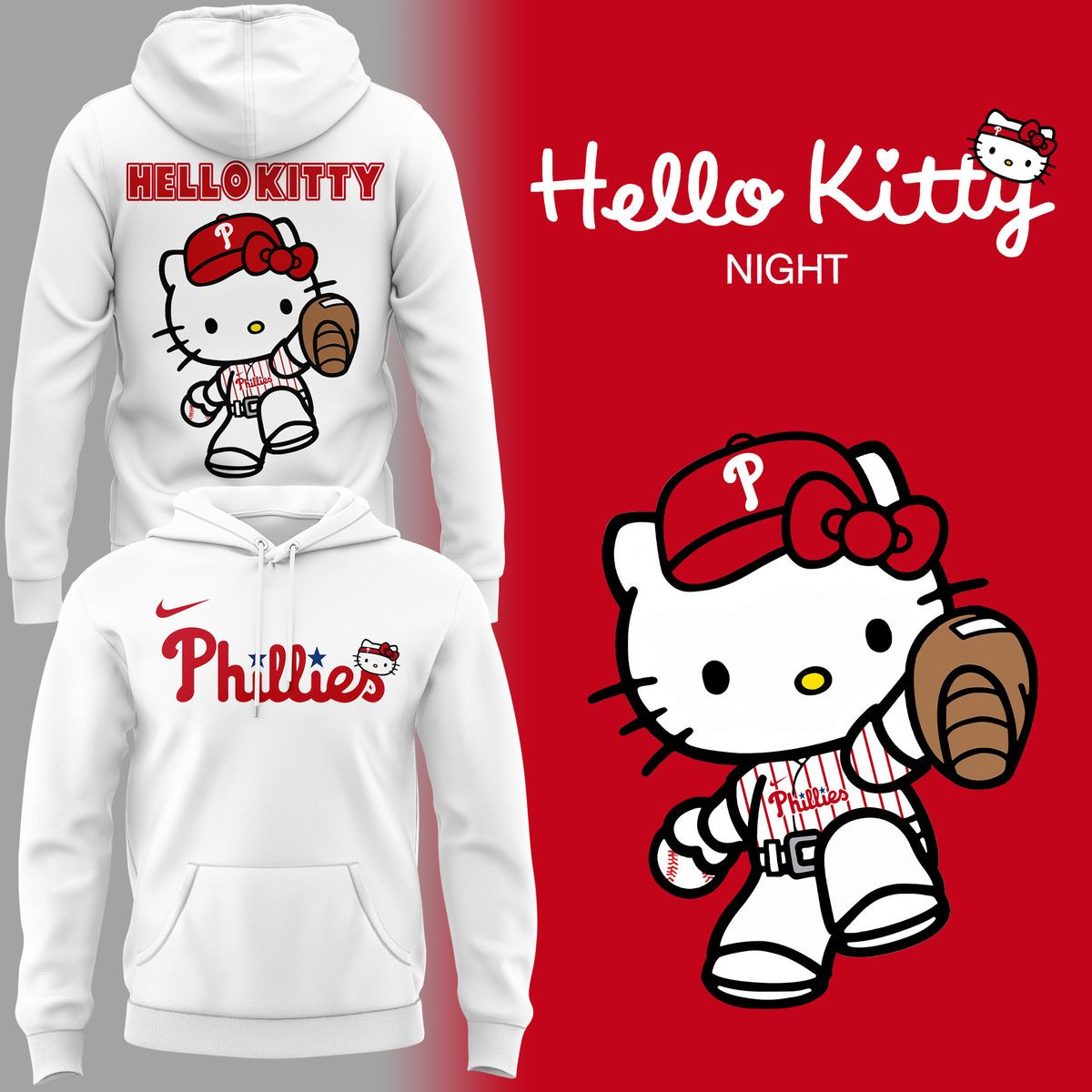 Philadelphia Phillies X Hello Kitty White Hoodie Phillies Baseball Merch For Baseball Lovers-1